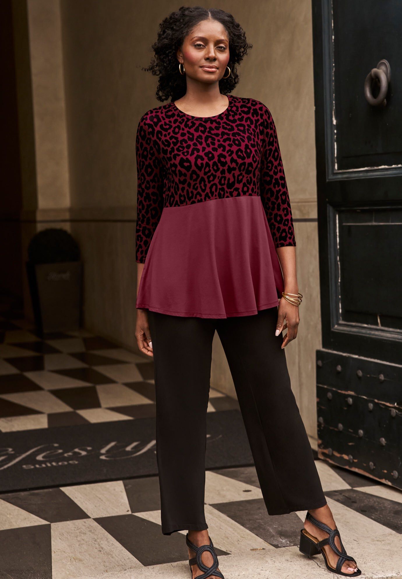 Printed Yoke Trapeze Tee, BURGUNDY CLASSIC CHEETAH, hi-res image number 0