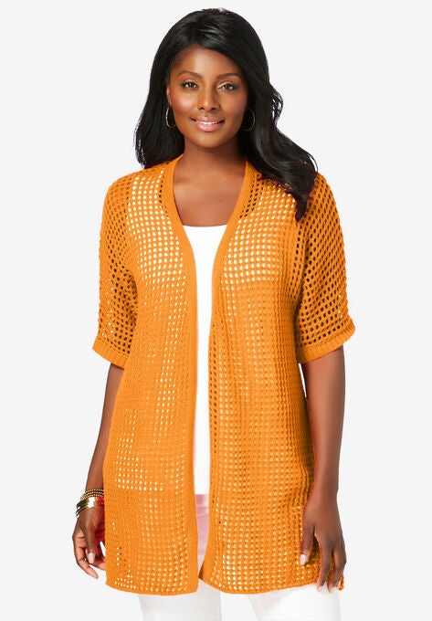 Crochet Long Cardigan, BRIGHT MELON, hi-res image number null