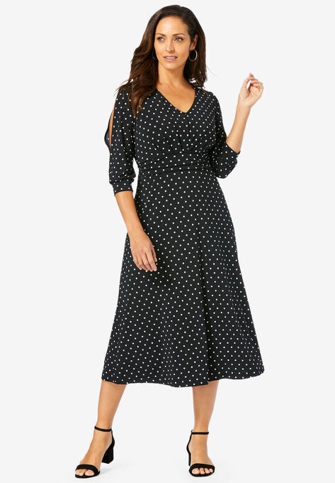 Slit Sleeve Knit Midi Dress, BLACK BOLD DOT, hi-res image number null