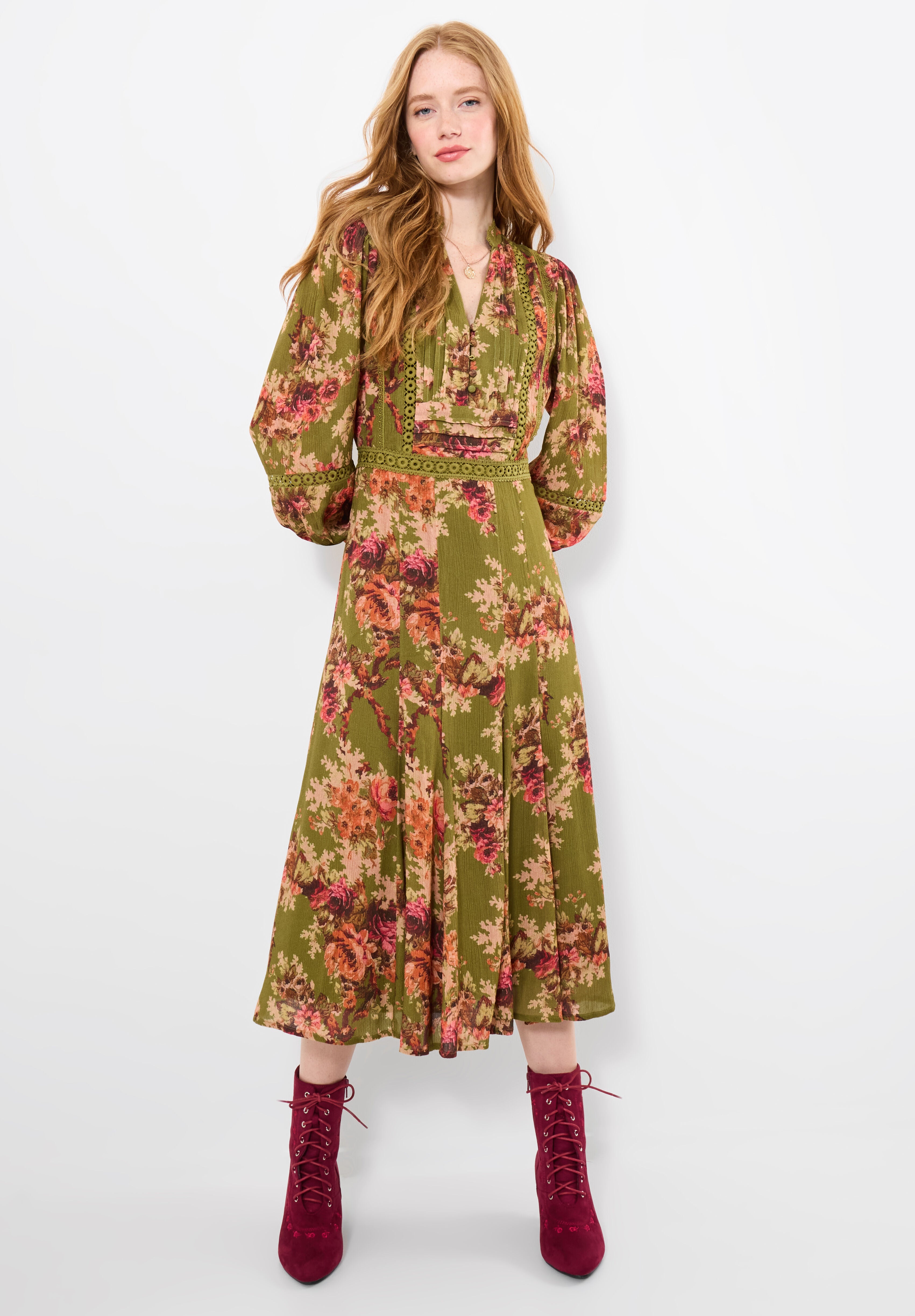 Autumn Peasant Maxi Dress, OLIVE BATIK BLOOM, alternate image number 3