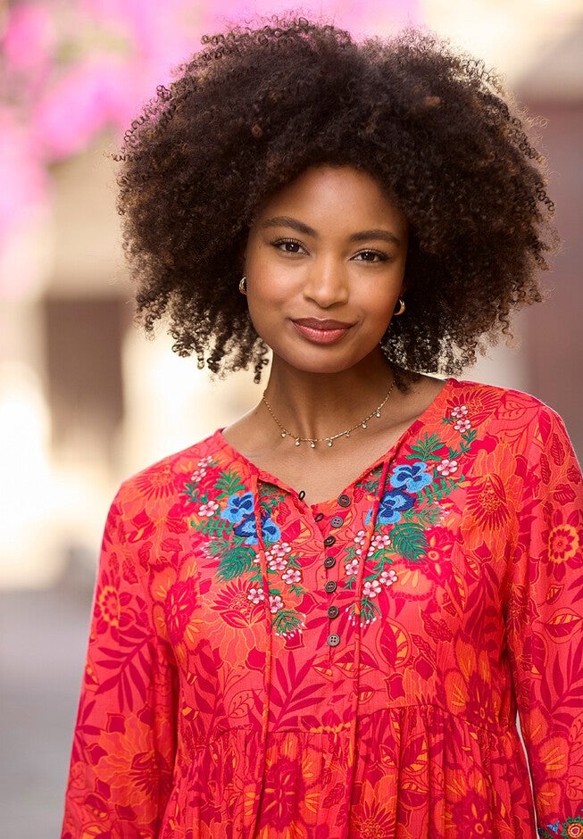 Boho Embroidered Crinkle Tunic, SUNSET FLORAL, alternate image number null