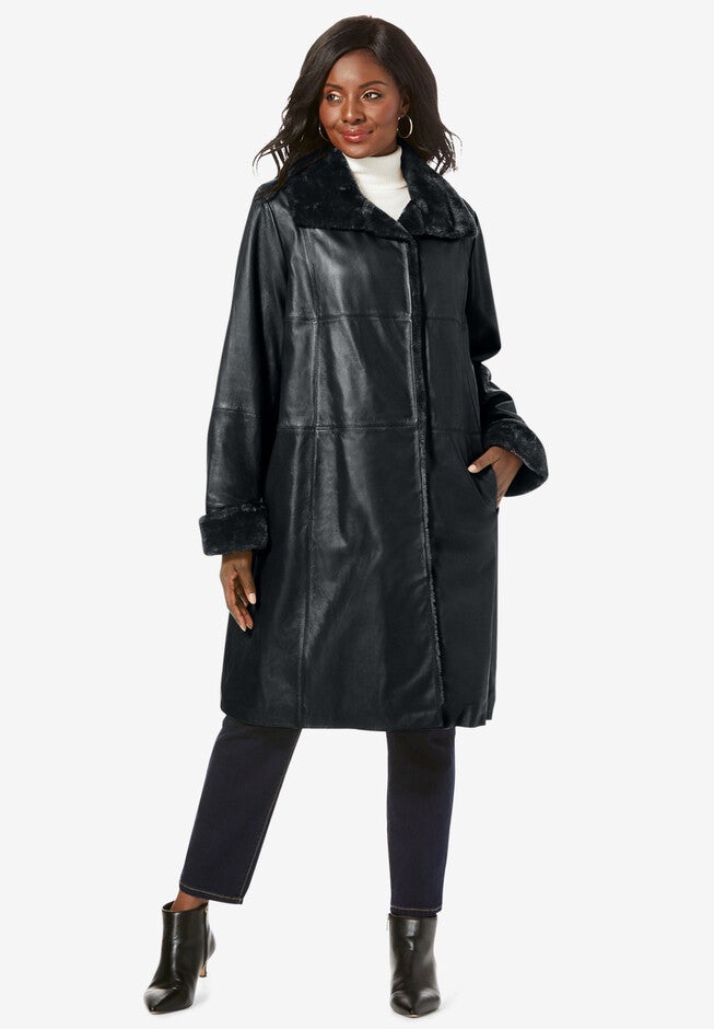 Fur-Trim Leather Swing Coat, BLACK, hi-res image number 0