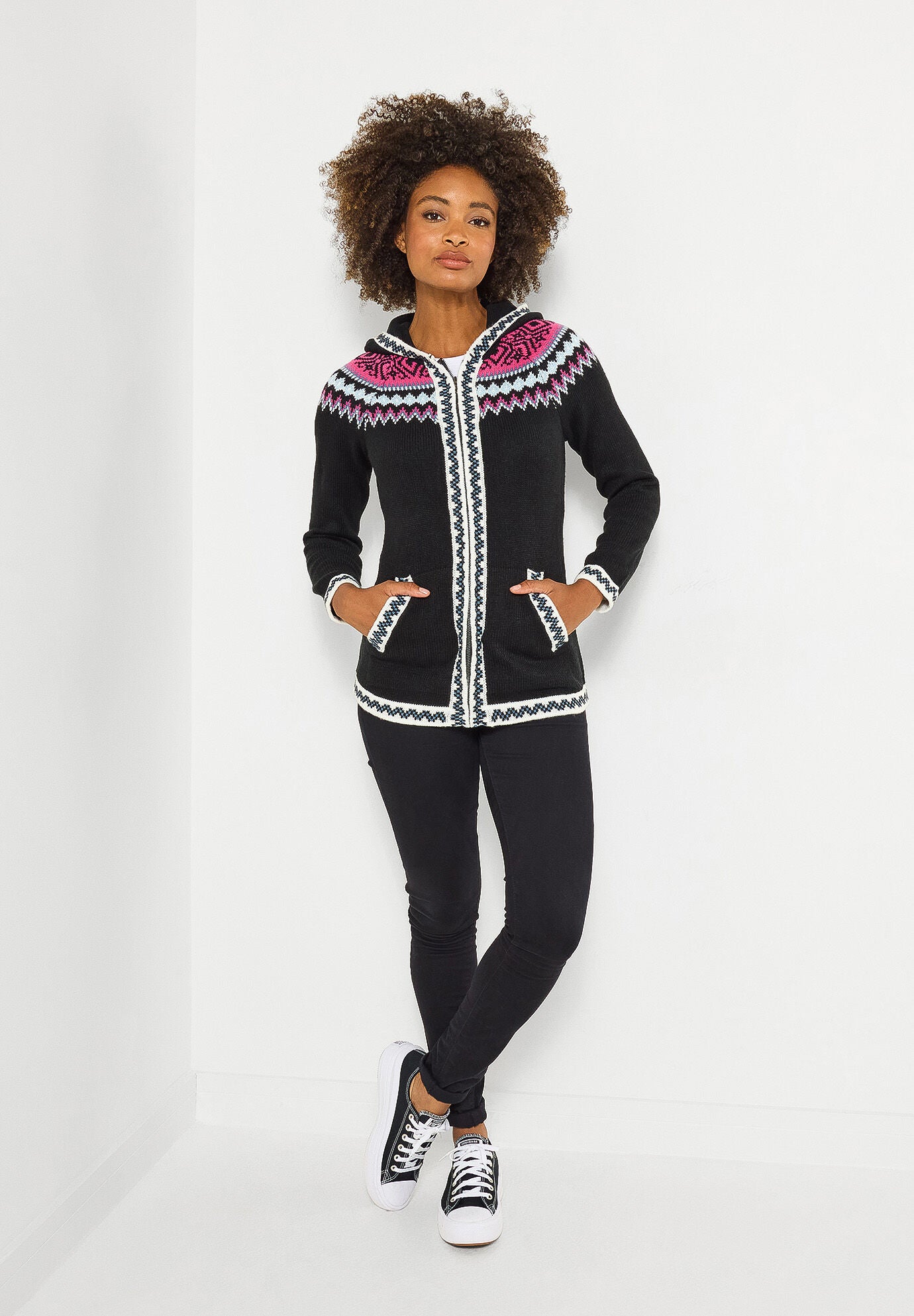 Fairisle Zip Hooded Sweater Jacket, BLACK FAIRISLE, alternate image number 5