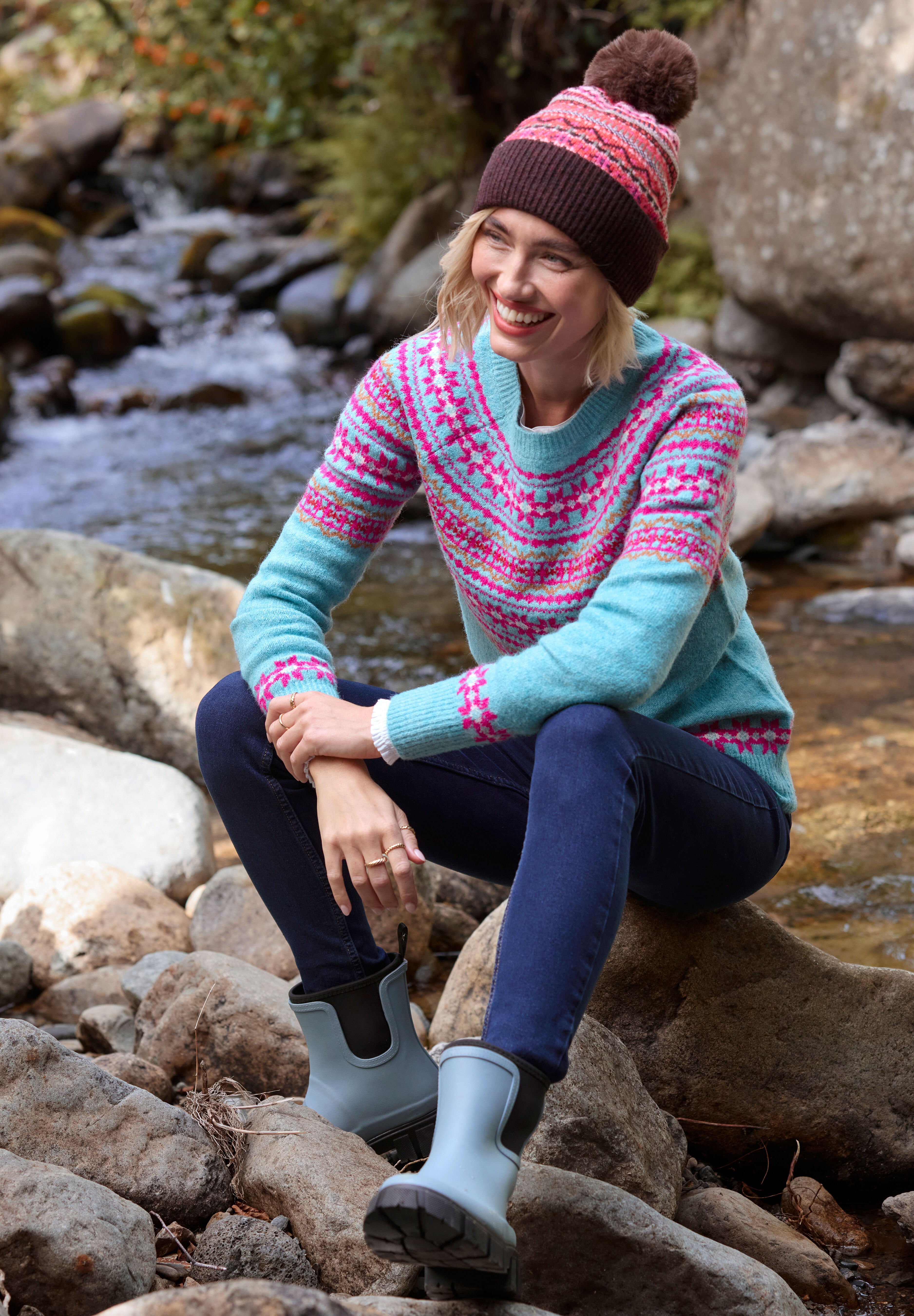 Fair Isle Rib Trim Crewneck Pullover, BLUE FAIRISLE, alternate image number 5