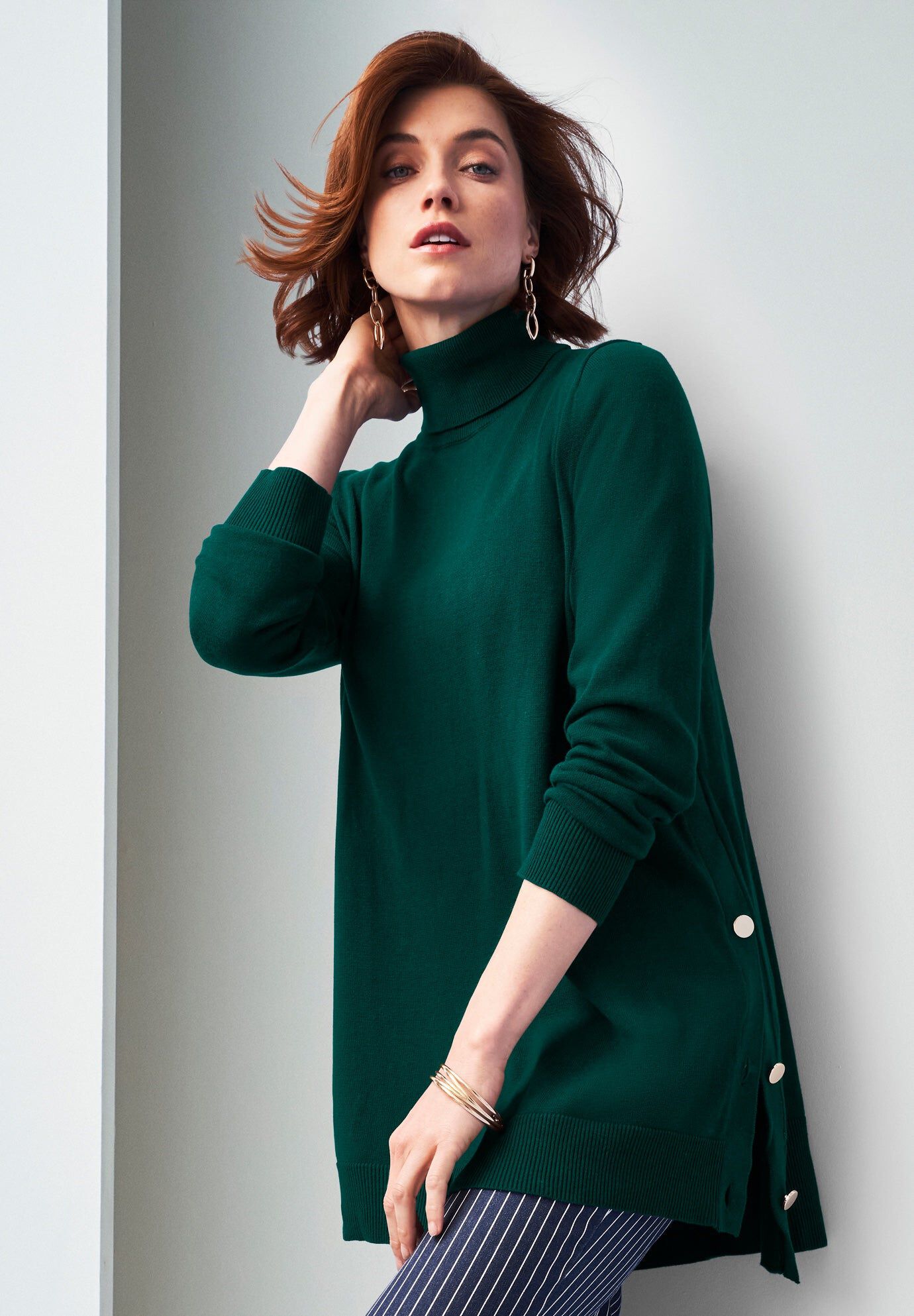 Side Button Turtleneck, EMERALD GREEN, hi-res image number 0