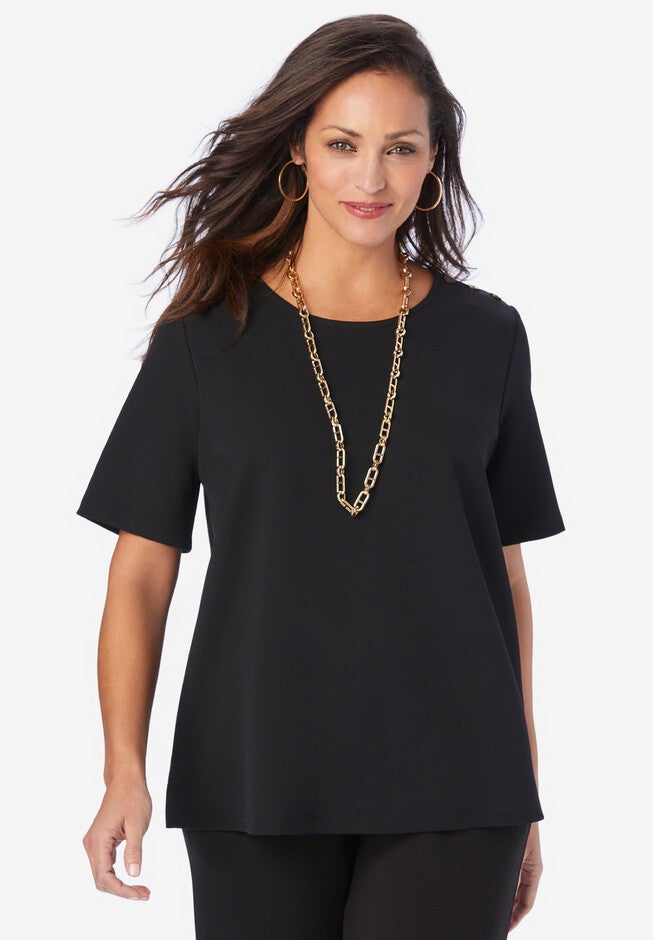 Crepe Button Shoulder Top, BLACK, hi-res image number null