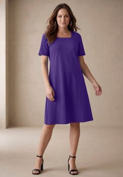 Stretch Cotton Square Neck Midi Dress