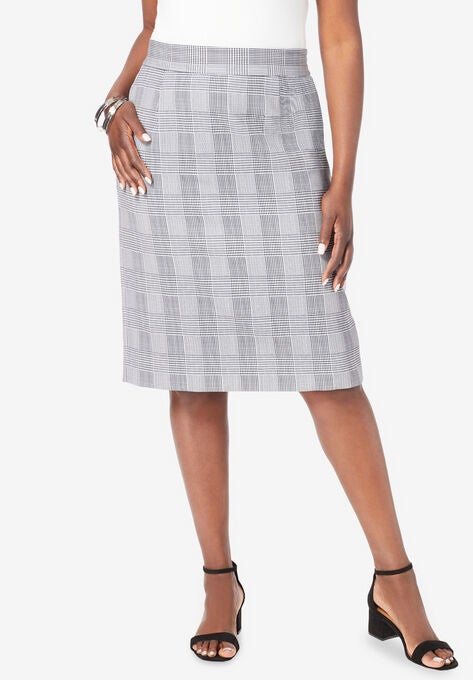 Tummy Control Bi-Stretch Pencil Skirt, BLACK IVORY GLEN PLAID, hi-res image number null