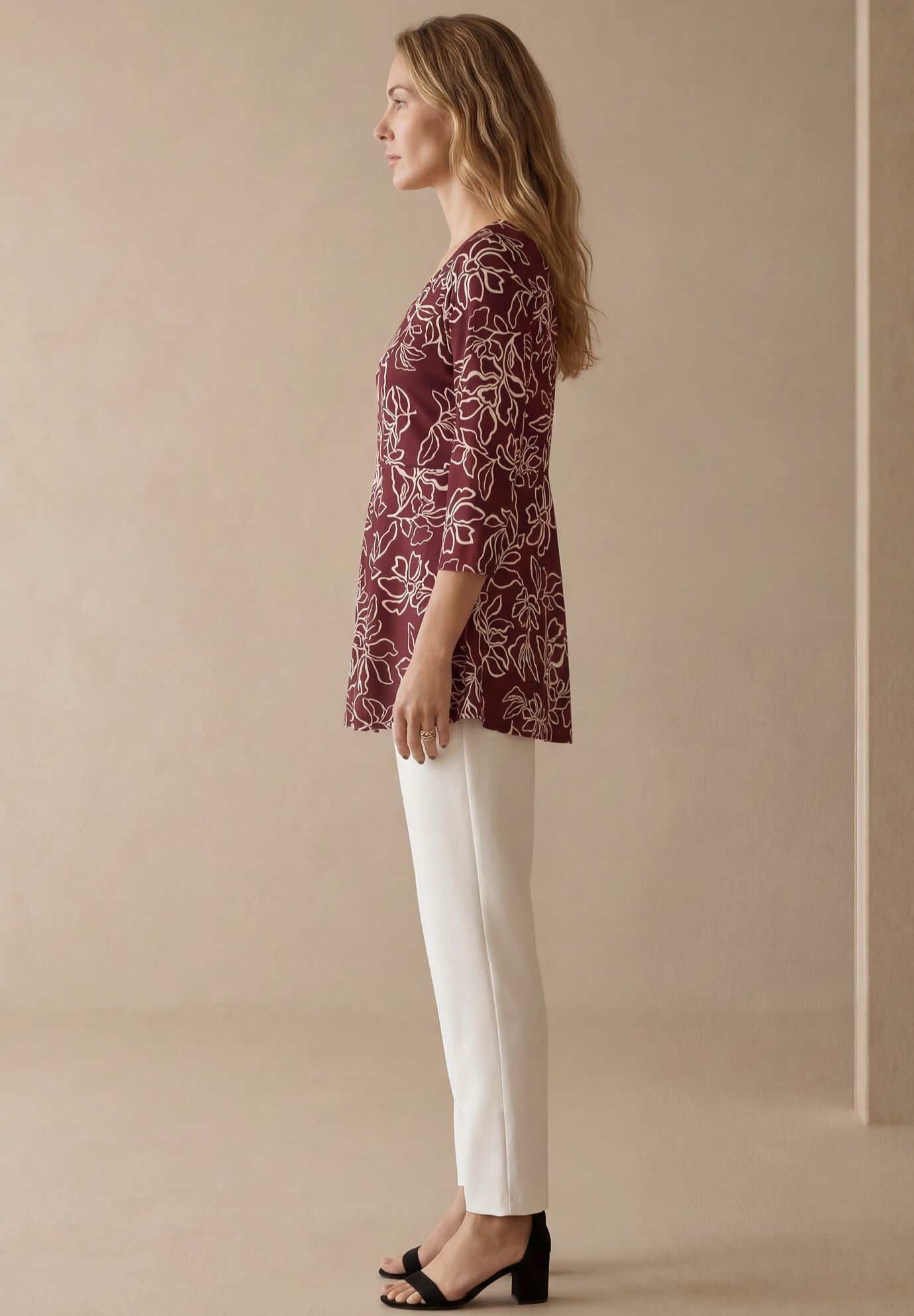 Knit Crepe Sweetheart Neckline Peplum Top, BURGUNDY FLORAL, alternate image number 2
