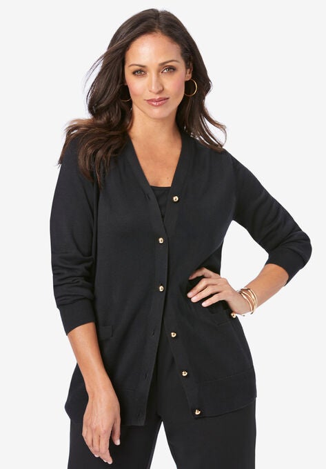 V-Neck Cardigan Sweater, BLACK, hi-res image number null
