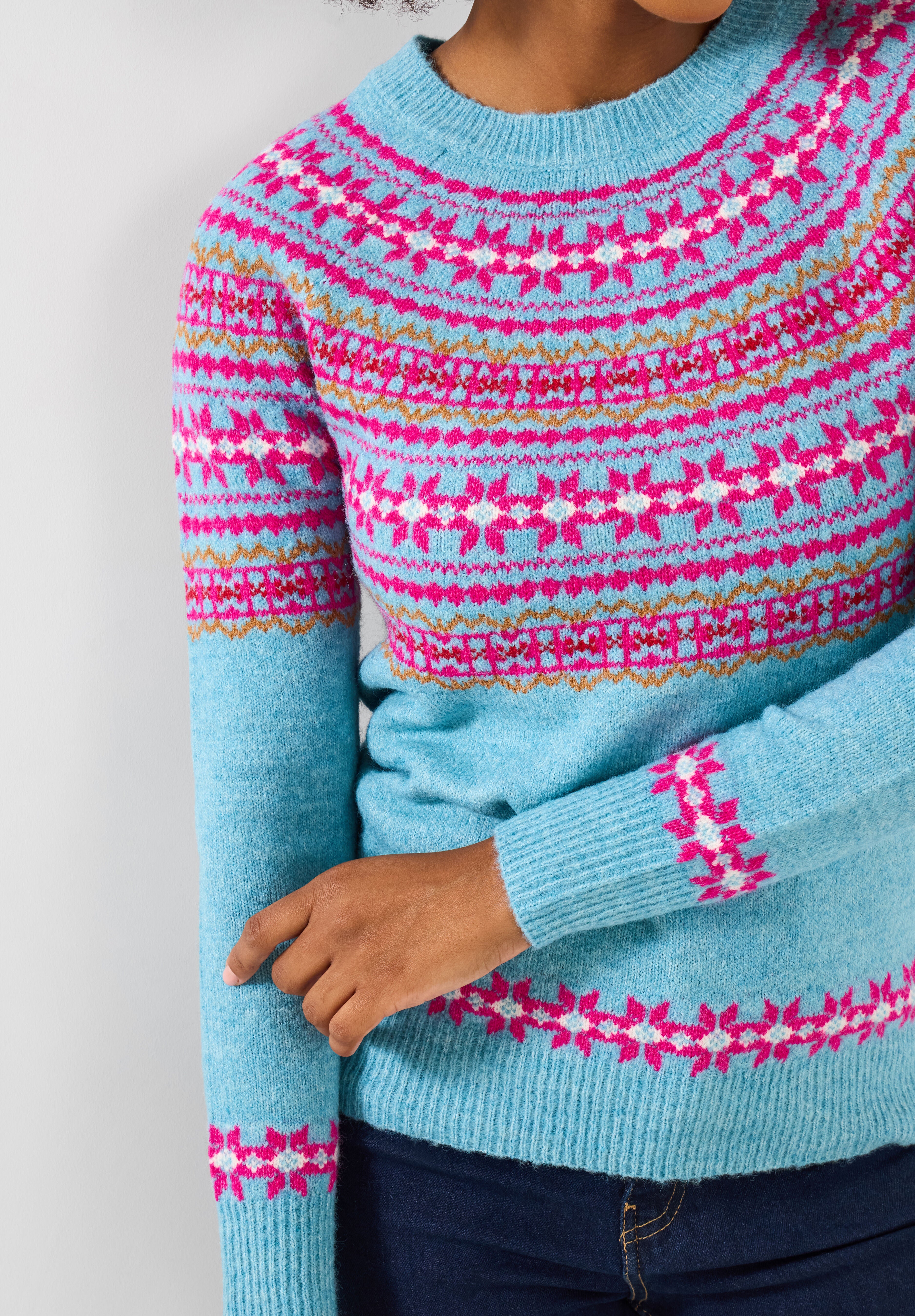 Fair Isle Rib Trim Crewneck Pullover, BLUE FAIRISLE, alternate image number 2