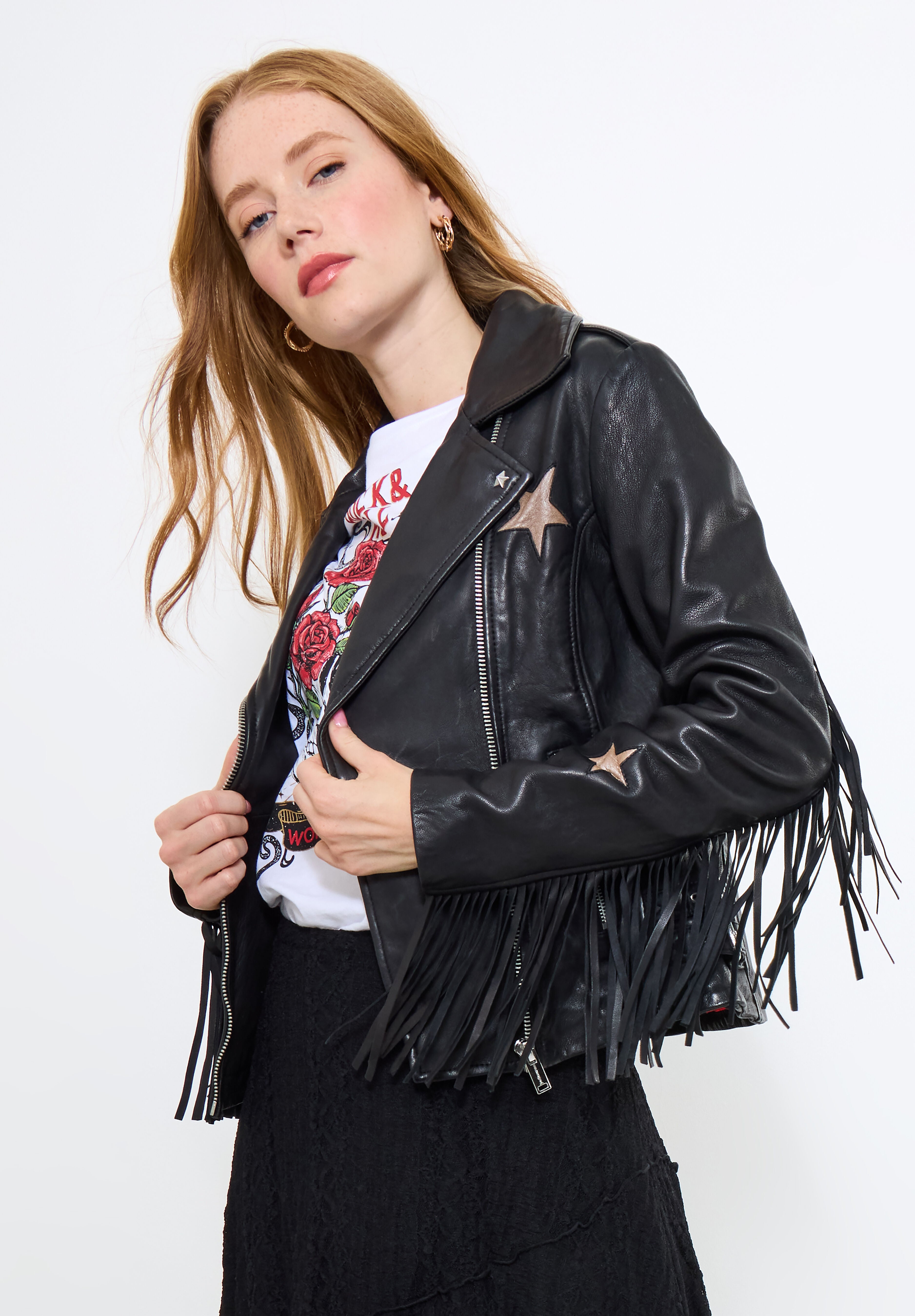 Fringe Moto Leather Jacket, METALLIC STARS, hi-res image number 0