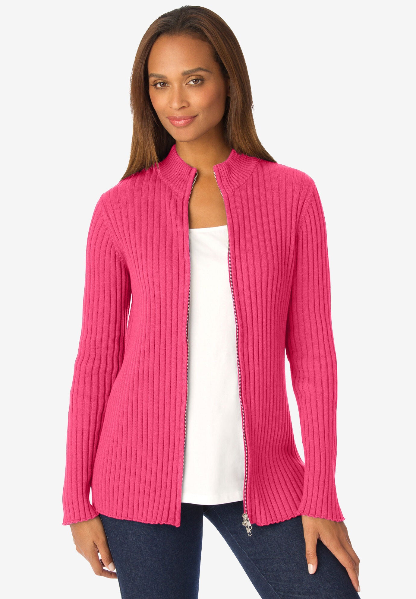 zip front ribbed cardigan