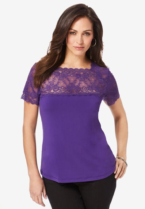 Lace Neckline Top, MIDNIGHT VIOLET, hi-res image number null