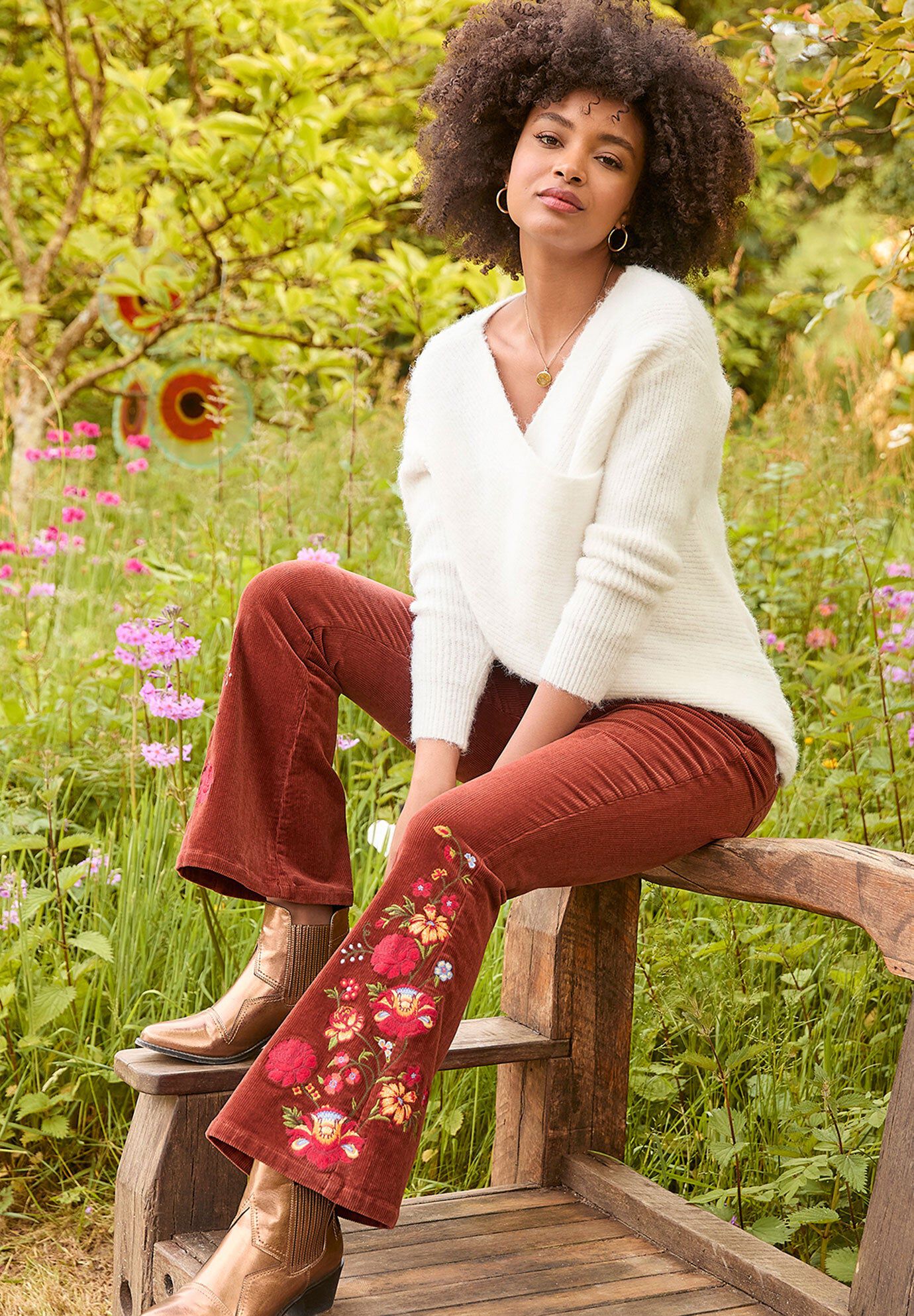 Embroidered Corduroy Flare Trouser, RUST, hi-res image number 0