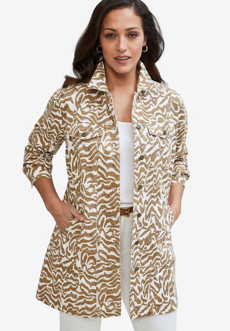 Long Denim Jacket, NEW KHAKI WATERCOLOR ANIMAL, hi-res image number null