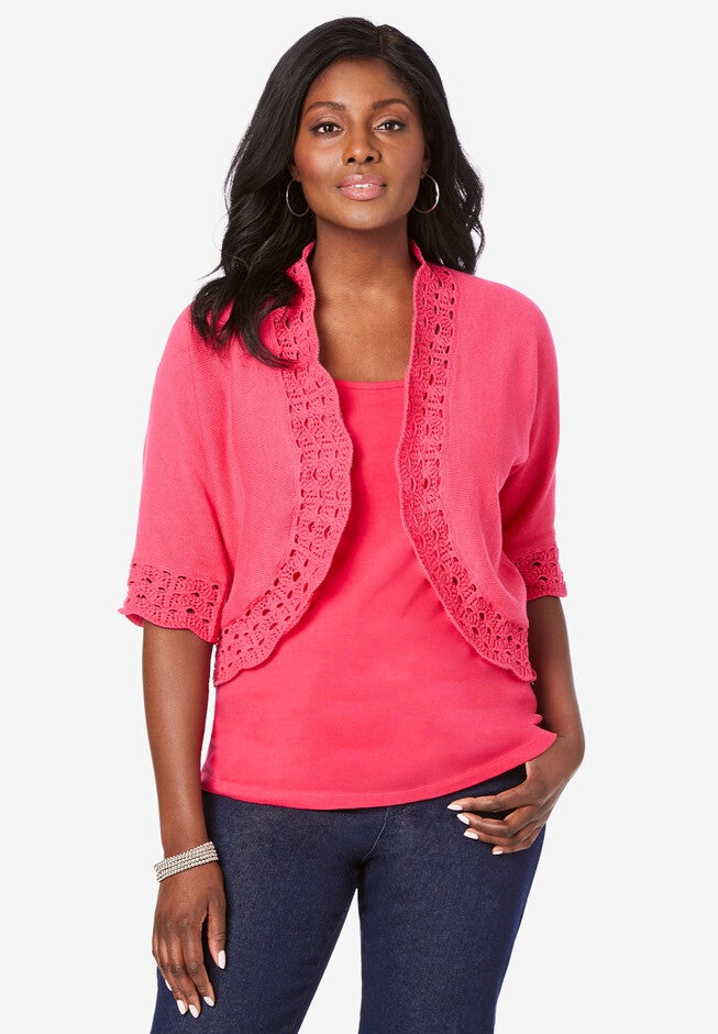 Crochet Trim Shrug, PINK BURST, hi-res image number 0