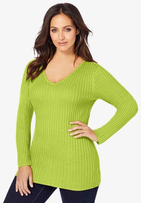 V-Neck Ribbed Sweater, DARK LIME, hi-res image number null