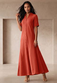 Stretch Cotton Button Front Maxi Dress