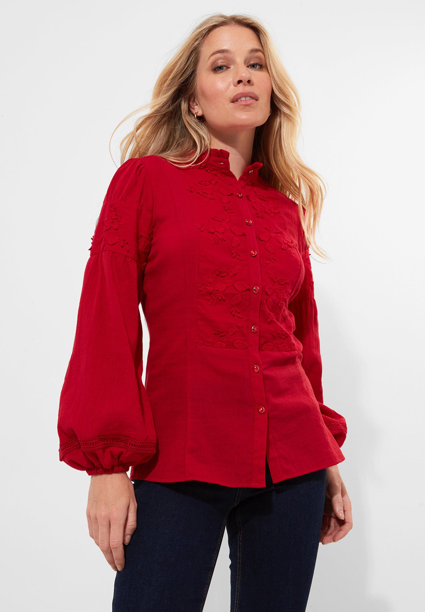 Long Balloon Sleeve Embroidered Blouse, CLASSIC RED, hi-res image number 0
