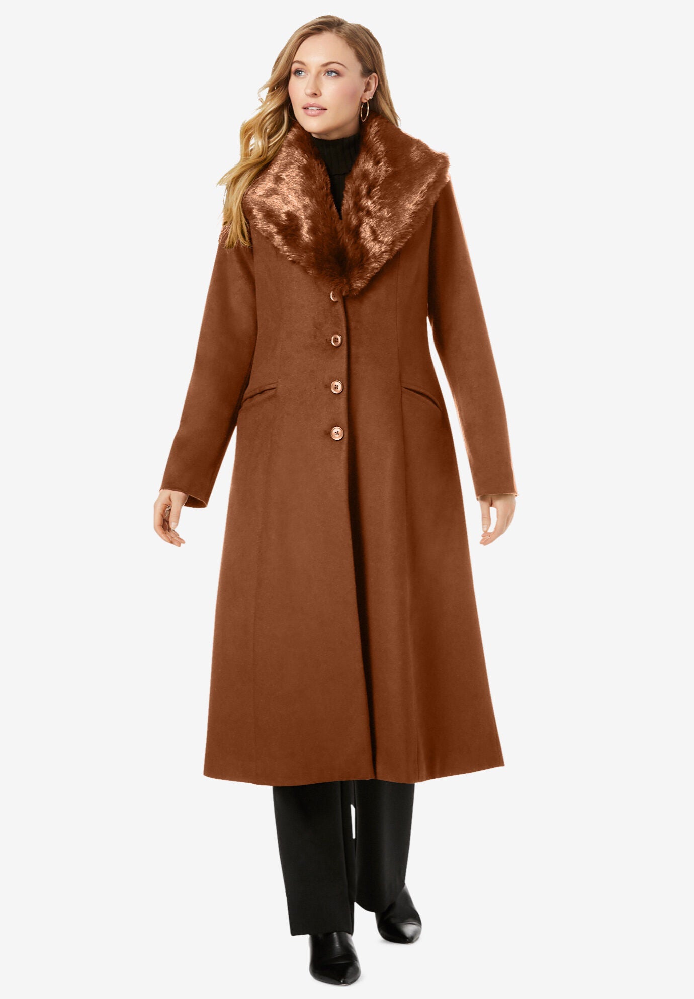 Warm Long Wool Coat with Faux Fur Collar Cognac Catherines