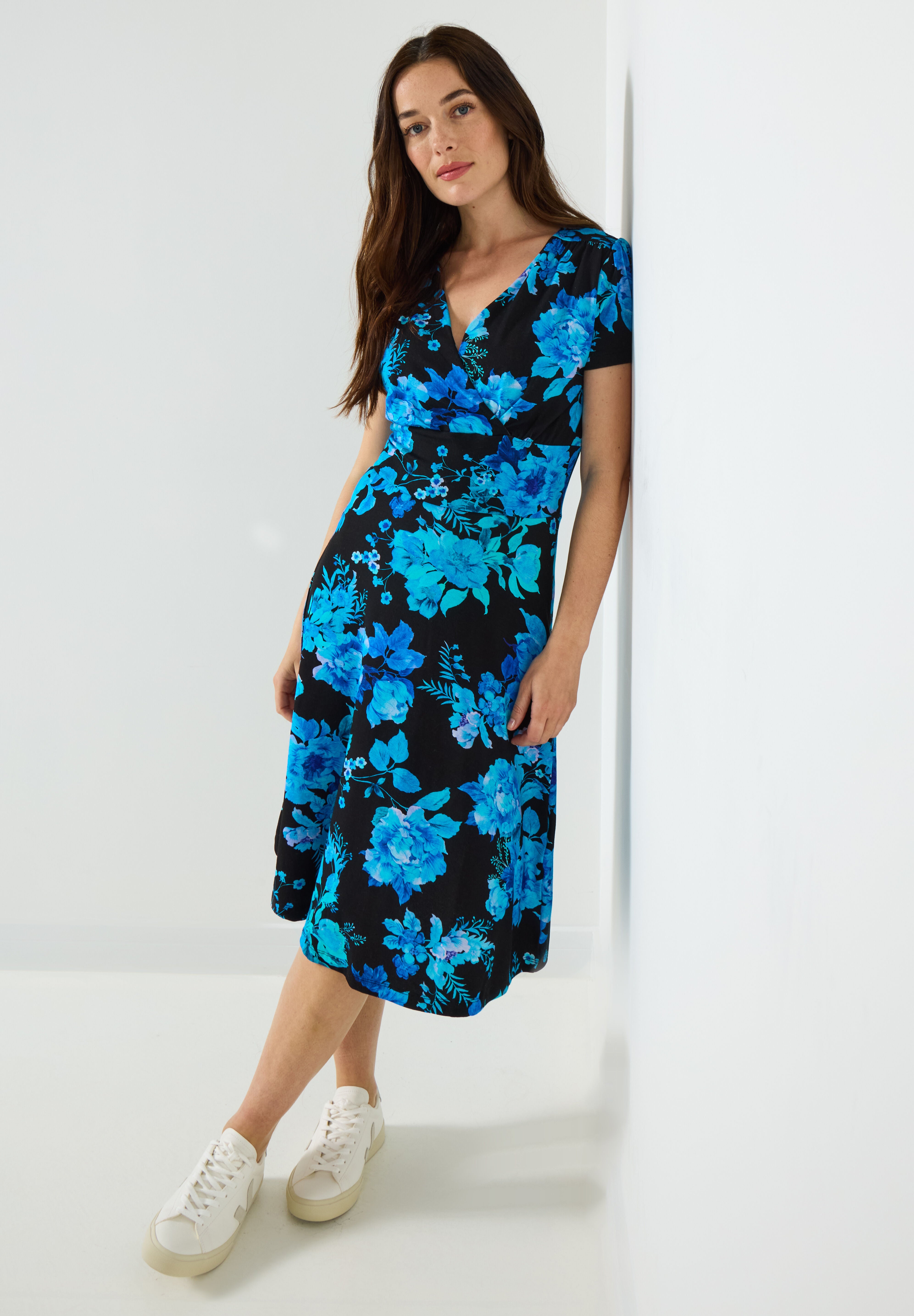 Stretch Knit Faux Wrap Dress, COBALT FLORAL, alternate image number 4