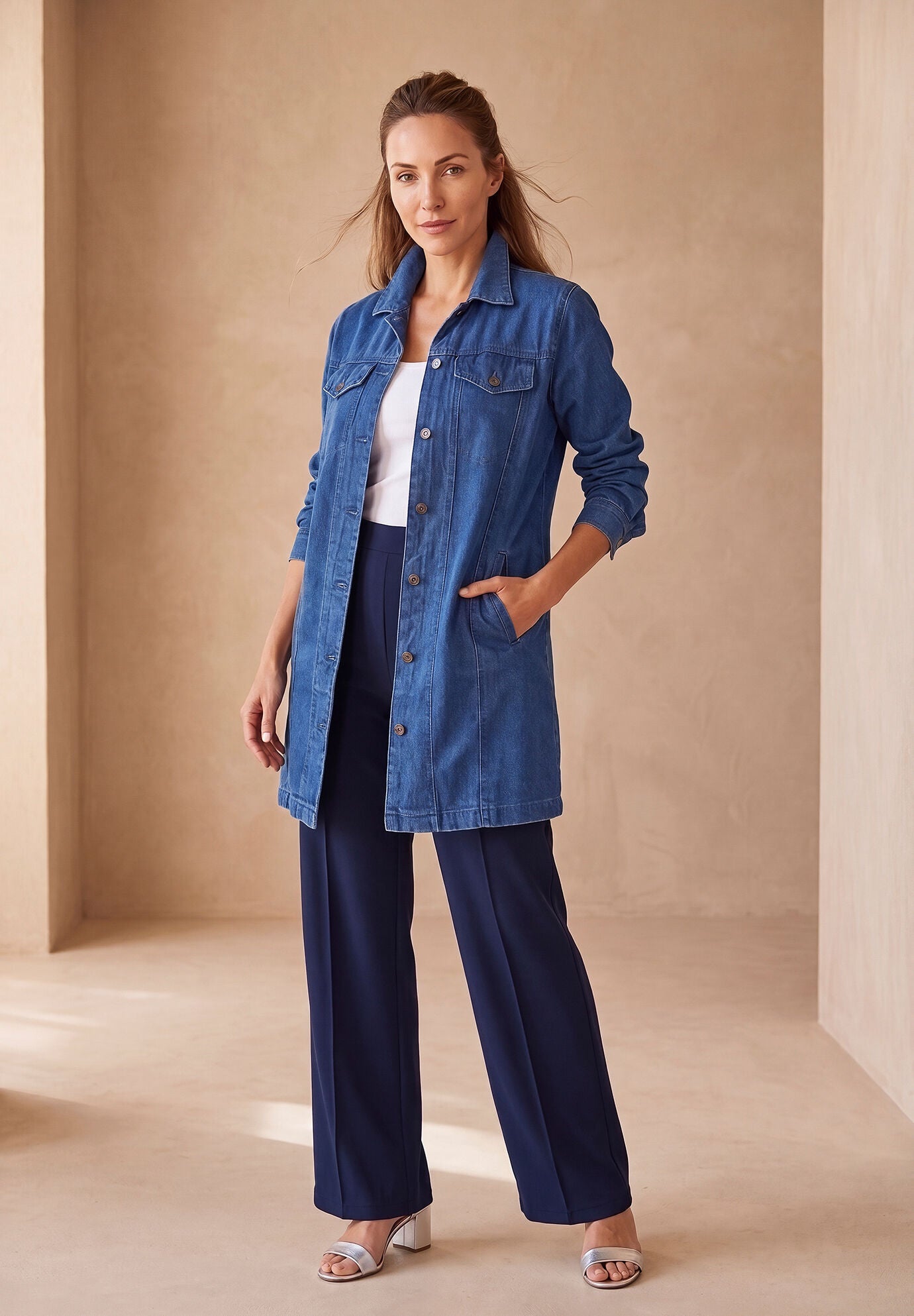 Long Denim Jacket, MEDIUM STONEWASH, alternate image number 2