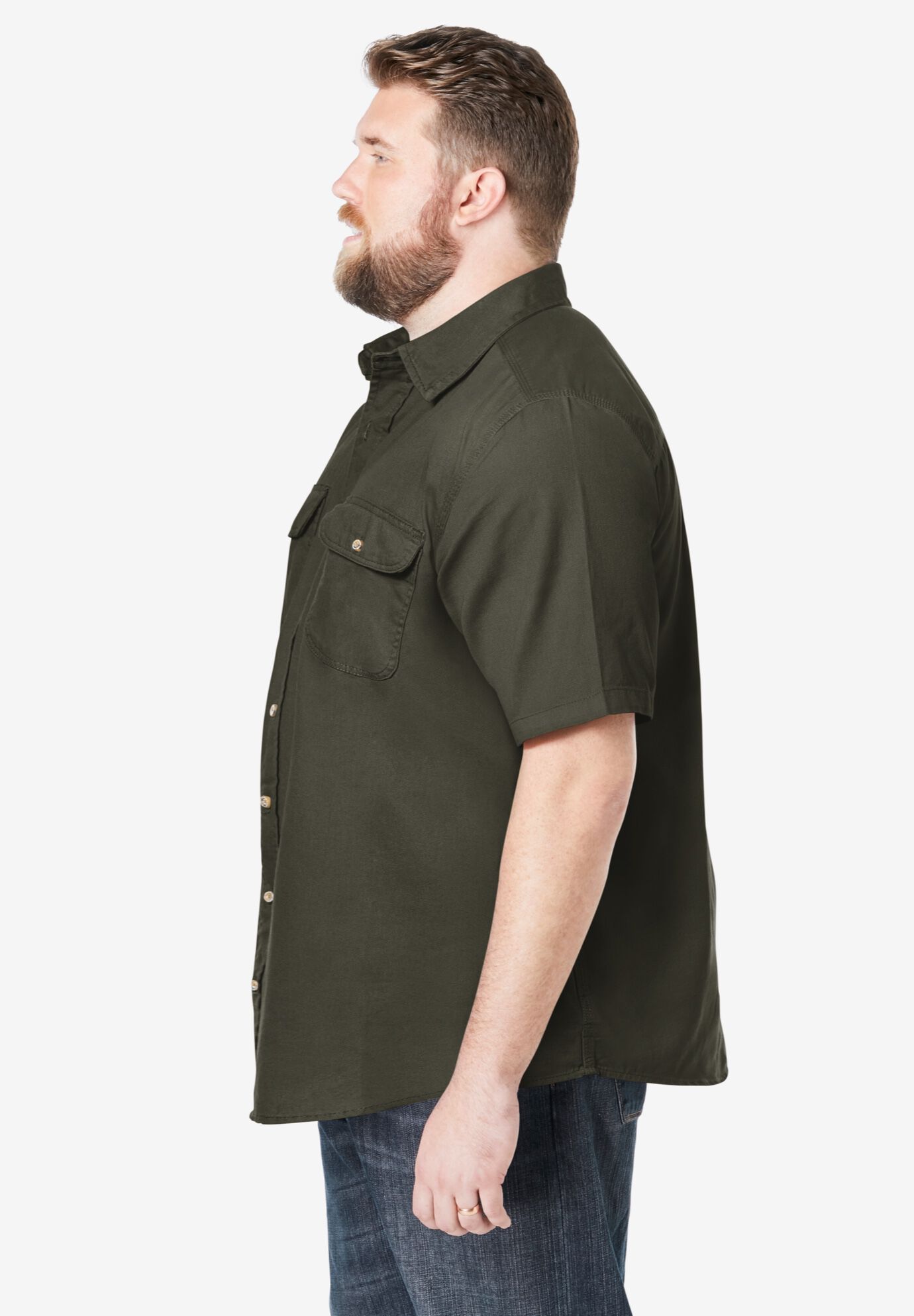 Short Sleeve Denim and Twill Shirt, FOREST GREEN, alternate image number 3