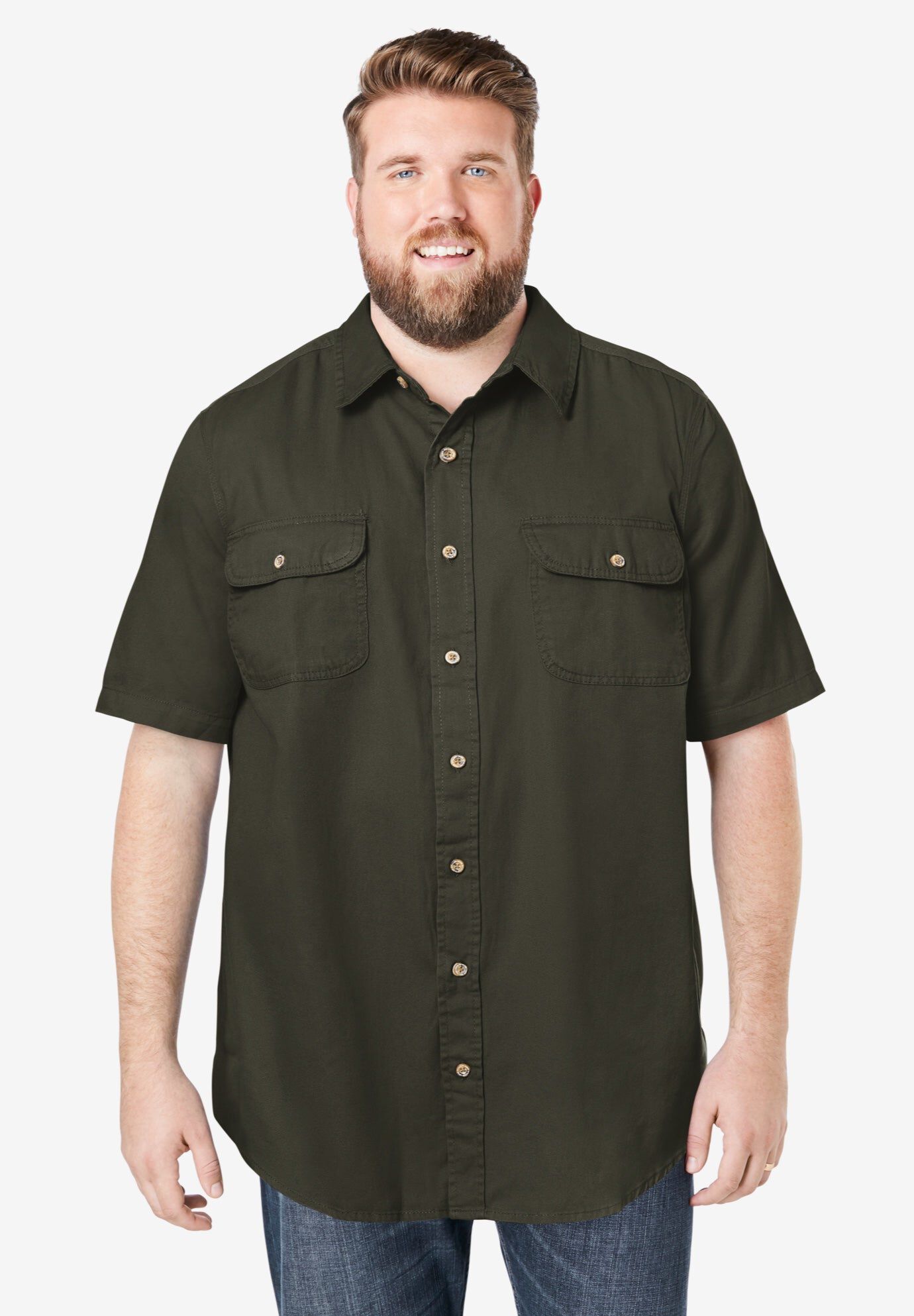 Short Sleeve Denim and Twill Shirt, FOREST GREEN, hi-res image number 0