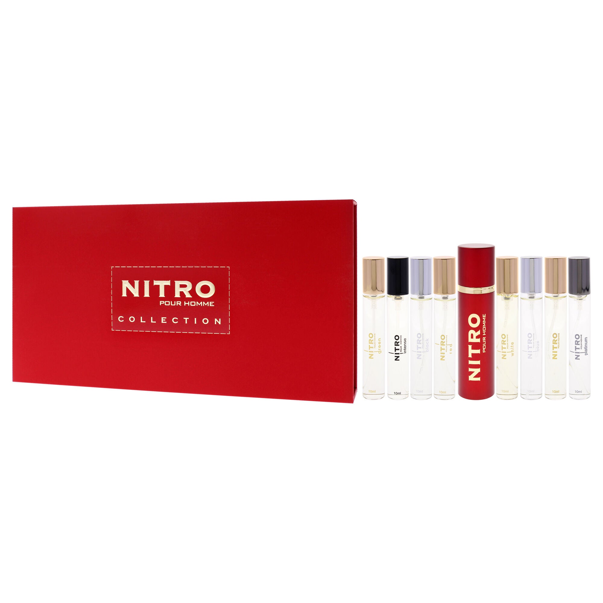 Nitro Collection by Dumont for Men - 9 Pc Mini Gift Set 0.34oz Black EDP Spray Vial (Mini), 0.34oz Green EDP Spray Vial (Mini), 0.34oz Intense EDP Spray Vial (Mini), 0.34oz Platinum EDP Spray Vial (Mini), 0.34oz Red EDP Spray Vial (Mini), 0.34oz White EDP Spray Vial (Mini), 0.34oz Blue EDP Spray Vial (Mini), 0.34oz Nitro Pour Homme EDP Spray Vial (Mini), Travel Spray Case, Clear, alternate image number 3