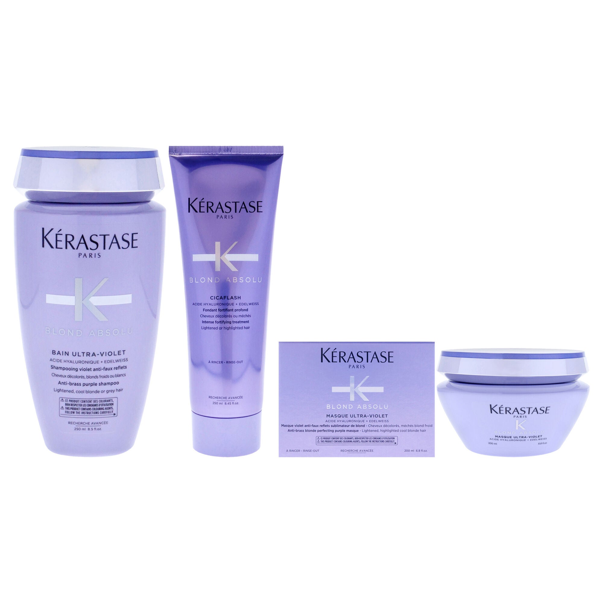 Blond Absolu Kit by Kerastase for Unisex - 3 Pc Kit 8.5oz Blond Absolu Bain Ultra-Violet Shampoo, 8.5oz Blond Absolu Cicaflash Conditioner, 6.8oz Blonde Absolu Ultra Violet Masque, Purple, hi-res image number 0