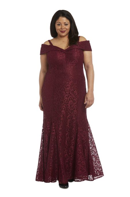 Shimmer-Lace Fishtail Off-Shoulder Gown, Merlot, hi-res image number null