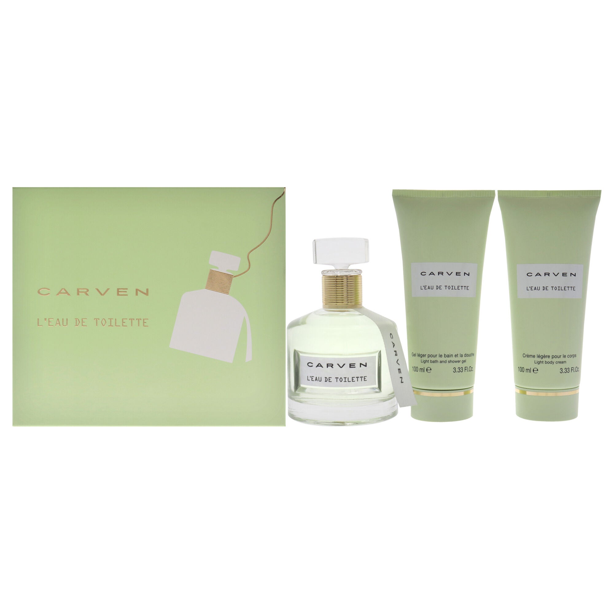 LEau De Toilette by Carven for Women - 3 Pc Gift Set 3.33oz EDT Spray, 3.33oz Light Body Cream, 3.33oz Ligth Bath and Shower Gel, See Description, hi-res image number 0