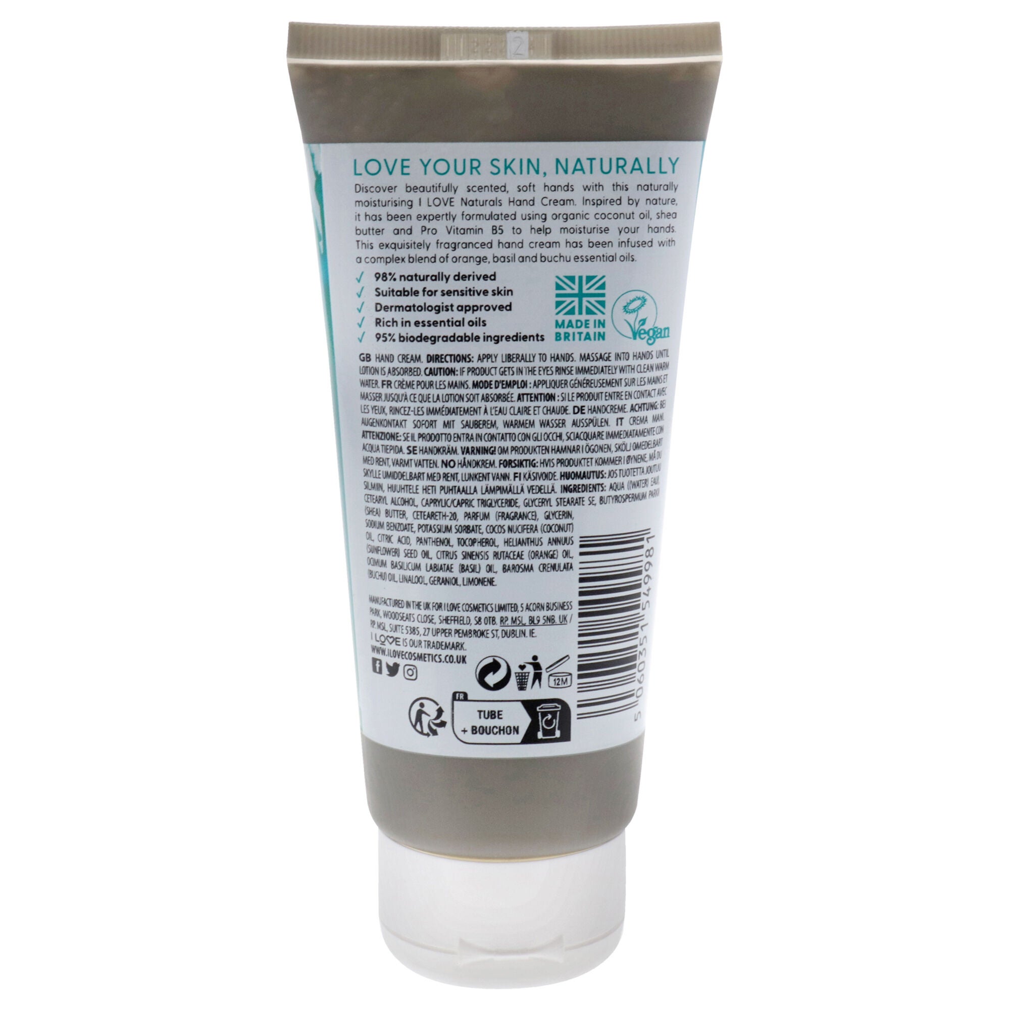 Naturals Hand Lotion - Bergamot and Seaweed by I Love Cosmetics for Women - 3.4 oz Cream, See Description, alternate image number 1