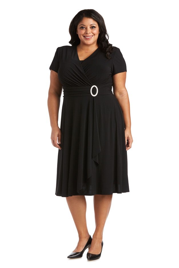 Short-Sleeve Faux-Wrap Dress, Black, hi-res image number null