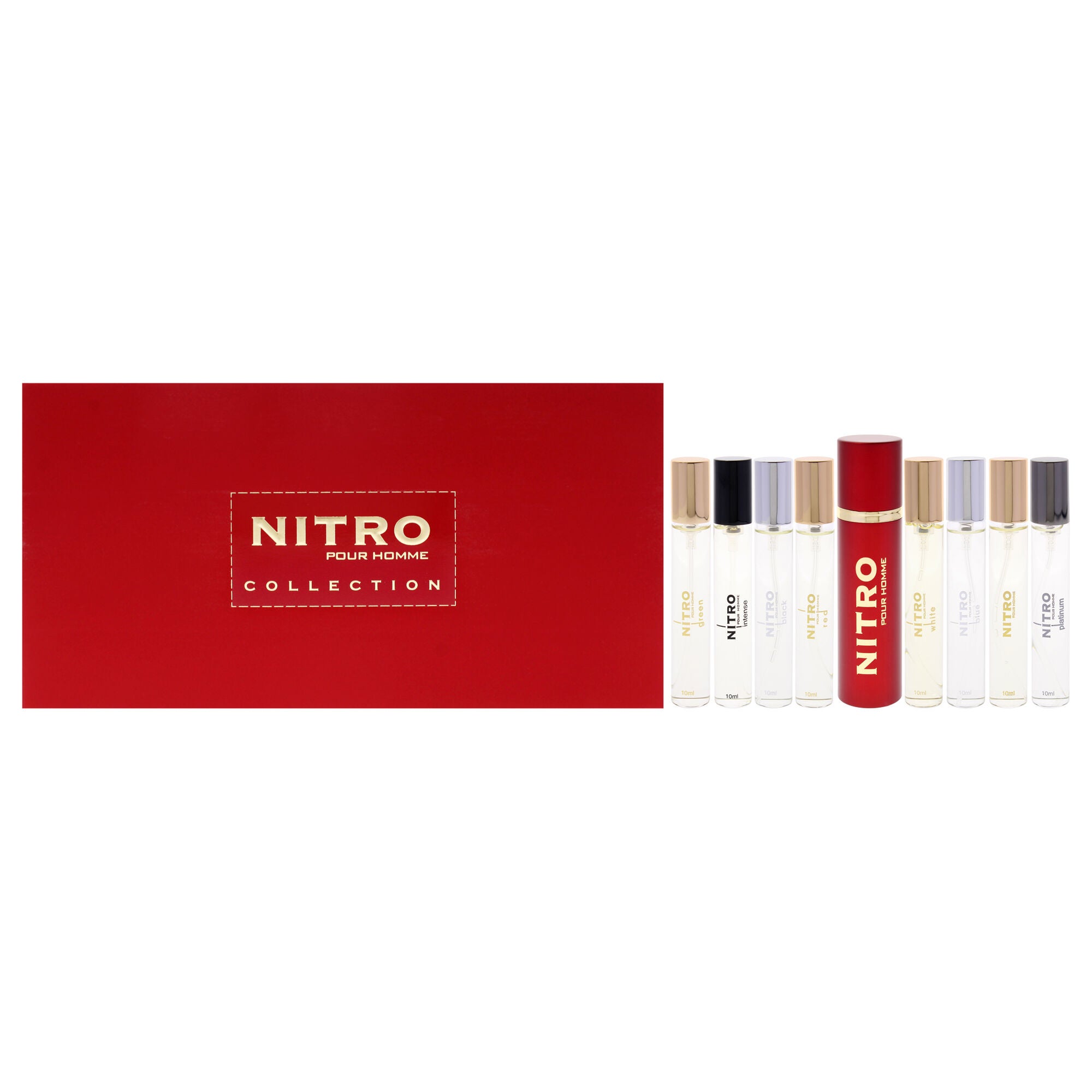 Nitro Collection by Dumont for Men - 9 Pc Mini Gift Set 0.34oz Black EDP Spray Vial (Mini), 0.34oz Green EDP Spray Vial (Mini), 0.34oz Intense EDP Spray Vial (Mini), 0.34oz Platinum EDP Spray Vial (Mini), 0.34oz Red EDP Spray Vial (Mini), 0.34oz White EDP Spray Vial (Mini), 0.34oz Blue EDP Spray Vial (Mini), 0.34oz Nitro Pour Homme EDP Spray Vial (Mini), Travel Spray Case, Clear, hi-res image number 0