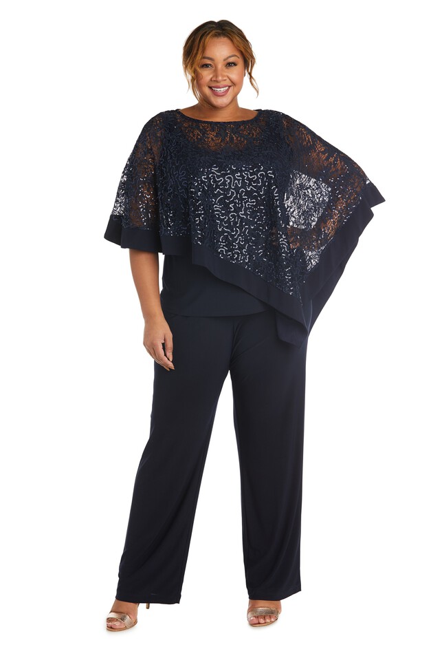 Faux 3-Piece Pant Set with Sequin and Lace Poncho | Catherines