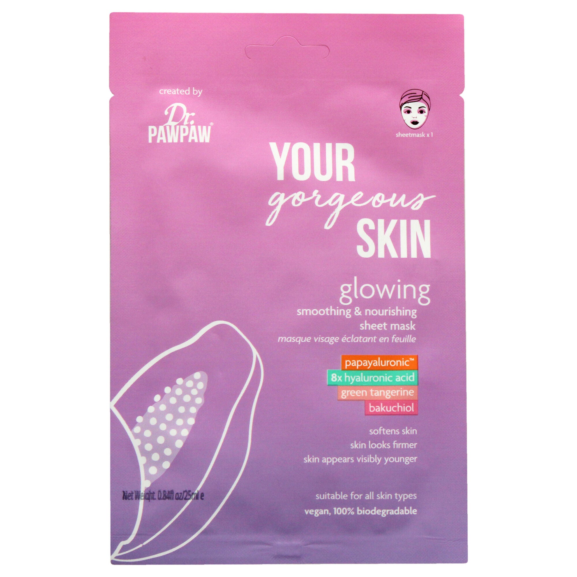 Your Gorgeous Skin Glowing Sheet Mask by Dr. PawPaw for Unisex - 0.84 oz Mask, See Description, hi-res image number 0