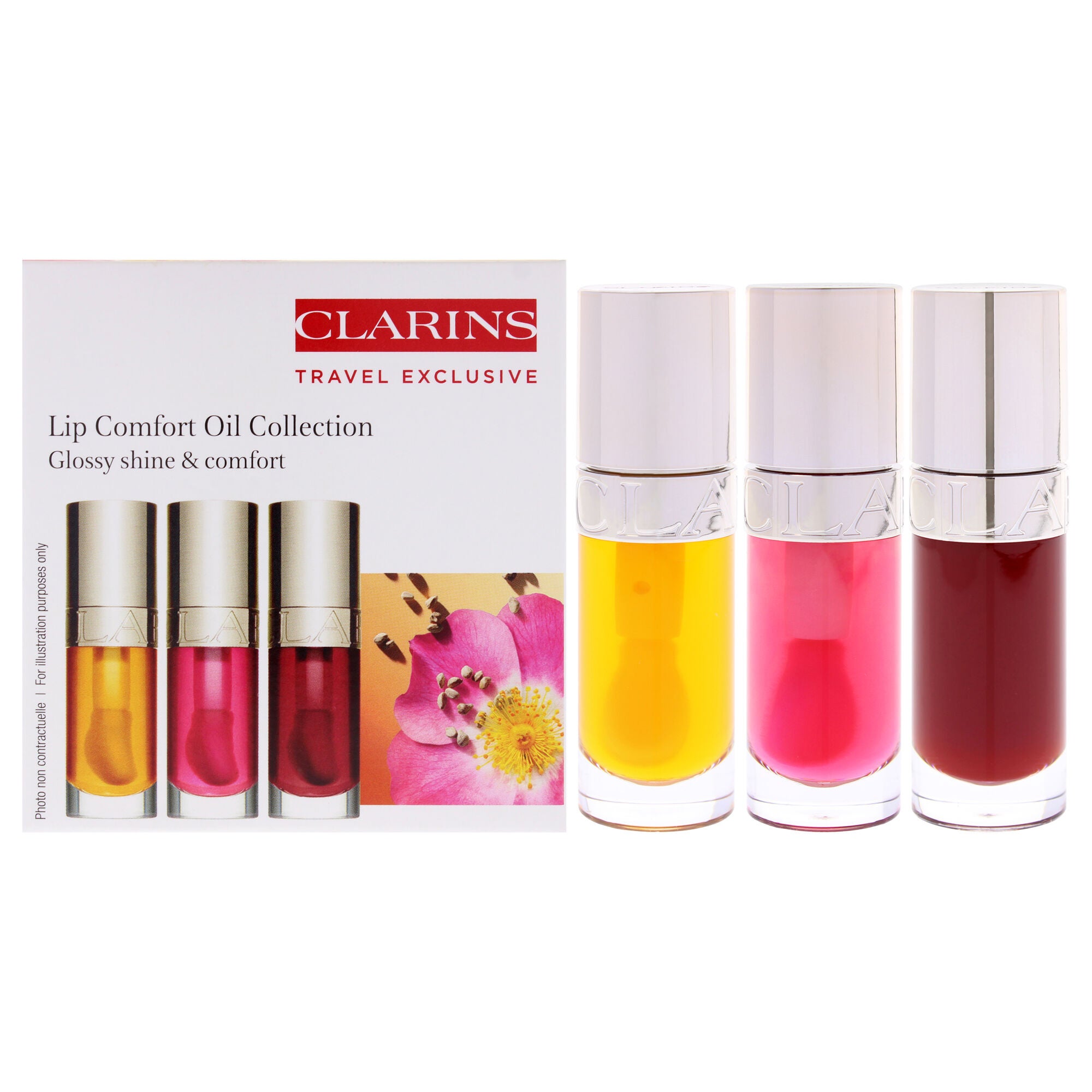 Lip Comfort Oil Collection by Clarins for Women - 3 x 0.2 oz Lip Oil - 01 Honey, Lip Oil - 03 Cherry, Lip Oil - 04 Pitaya, See Description, hi-res image number 0