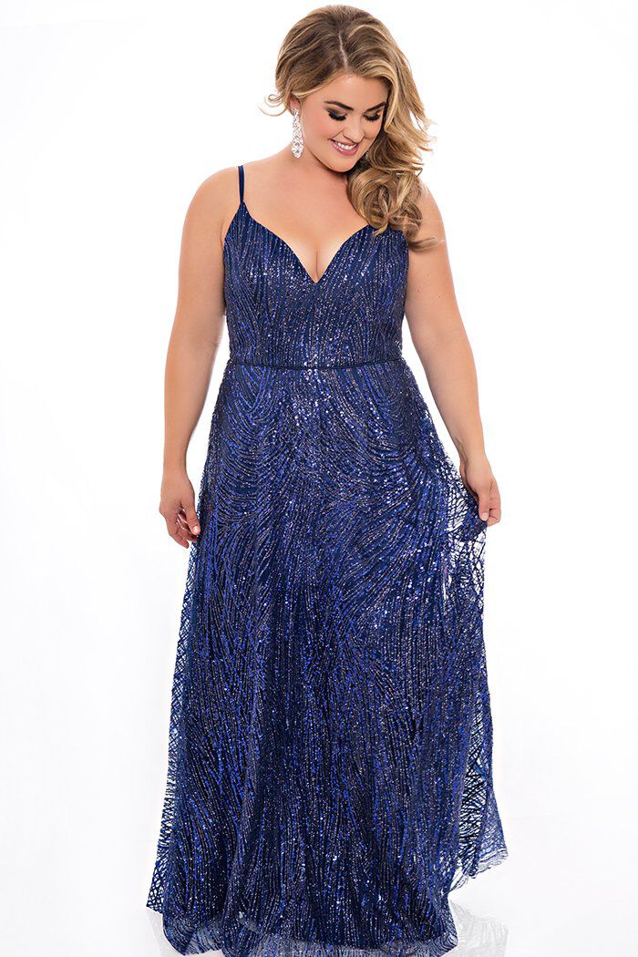 Hollywood Sparkle Plus Size Glitter Formal Dress, Midnight Blue, hi-res image number 0