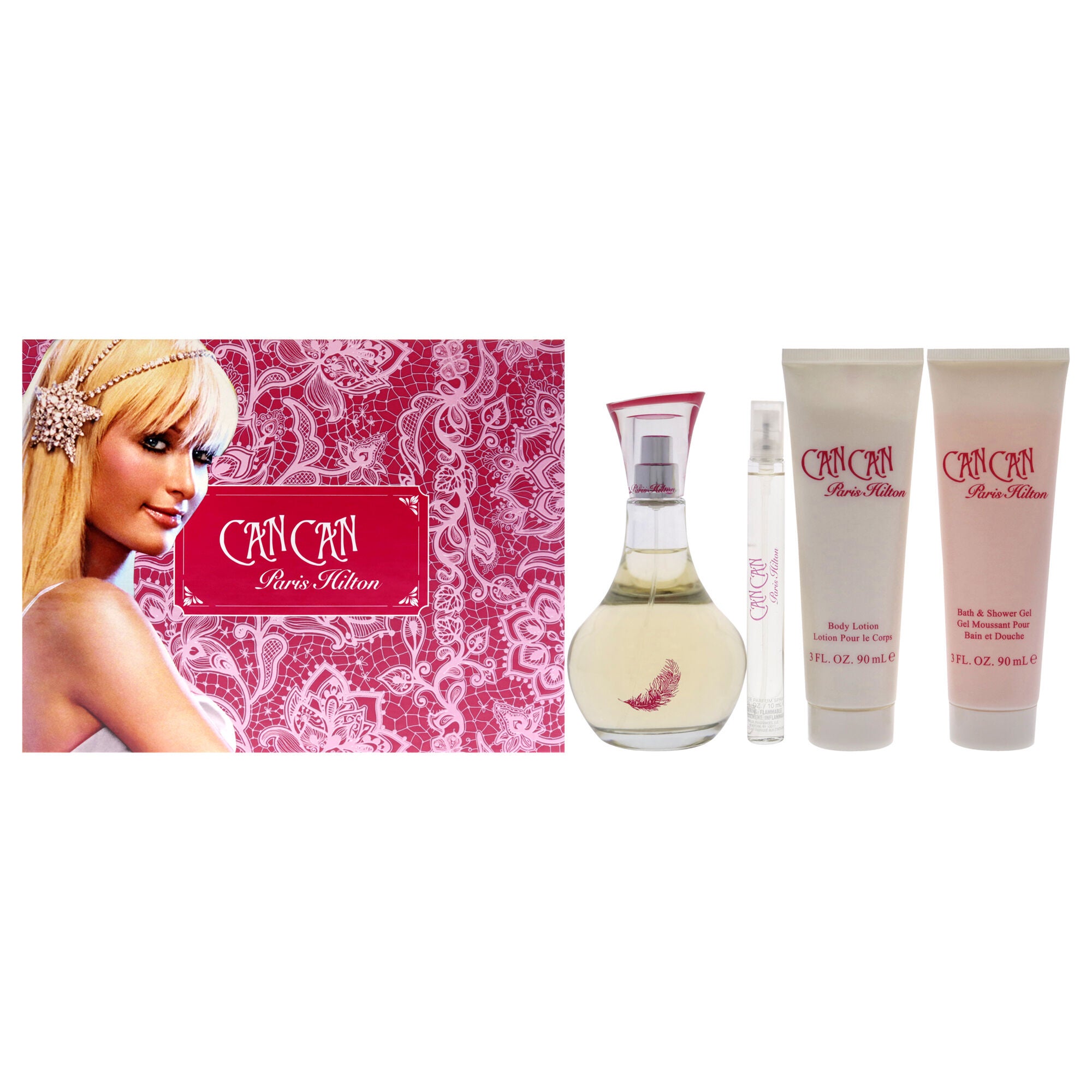 Can Can by Paris Hilton for Women - 4 Pc Gift Set 3.4oz EDP Spray, 0.34oz EDP Spray, 3oz Body Lotion, 3oz Bath and Shower Gel, See Description, hi-res image number 0