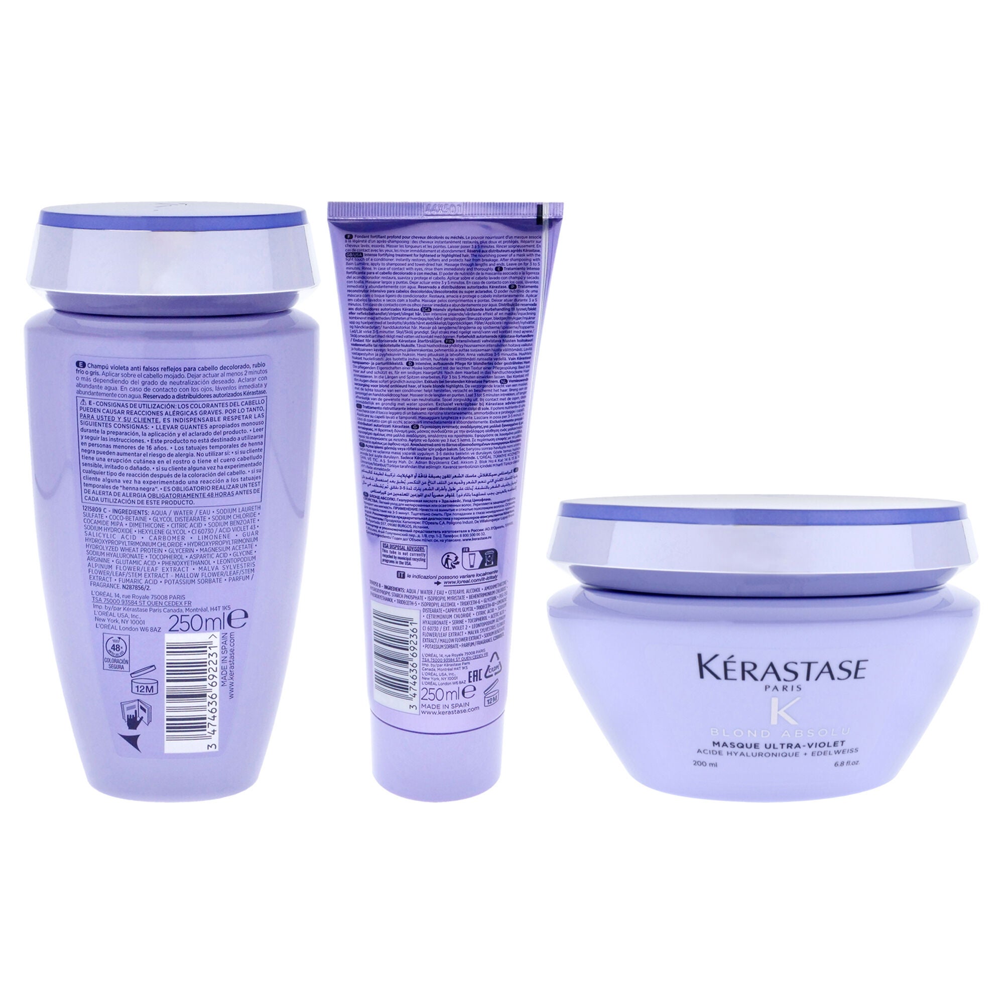 Blond Absolu Kit by Kerastase for Unisex - 3 Pc Kit 8.5oz Blond Absolu Bain Ultra-Violet Shampoo, 8.5oz Blond Absolu Cicaflash Conditioner, 6.8oz Blonde Absolu Ultra Violet Masque, Purple, alternate image number 1