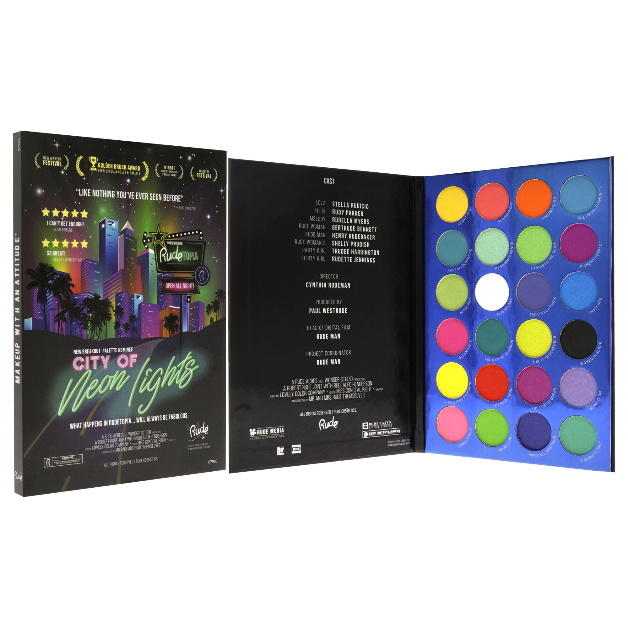 City of Neon Lights - 24 Vibrant Pigment and Eyeshadow Palette by Rude Cosmetics for Women - 0.63 oz Eye Shadow, See Description, alternate image number 1