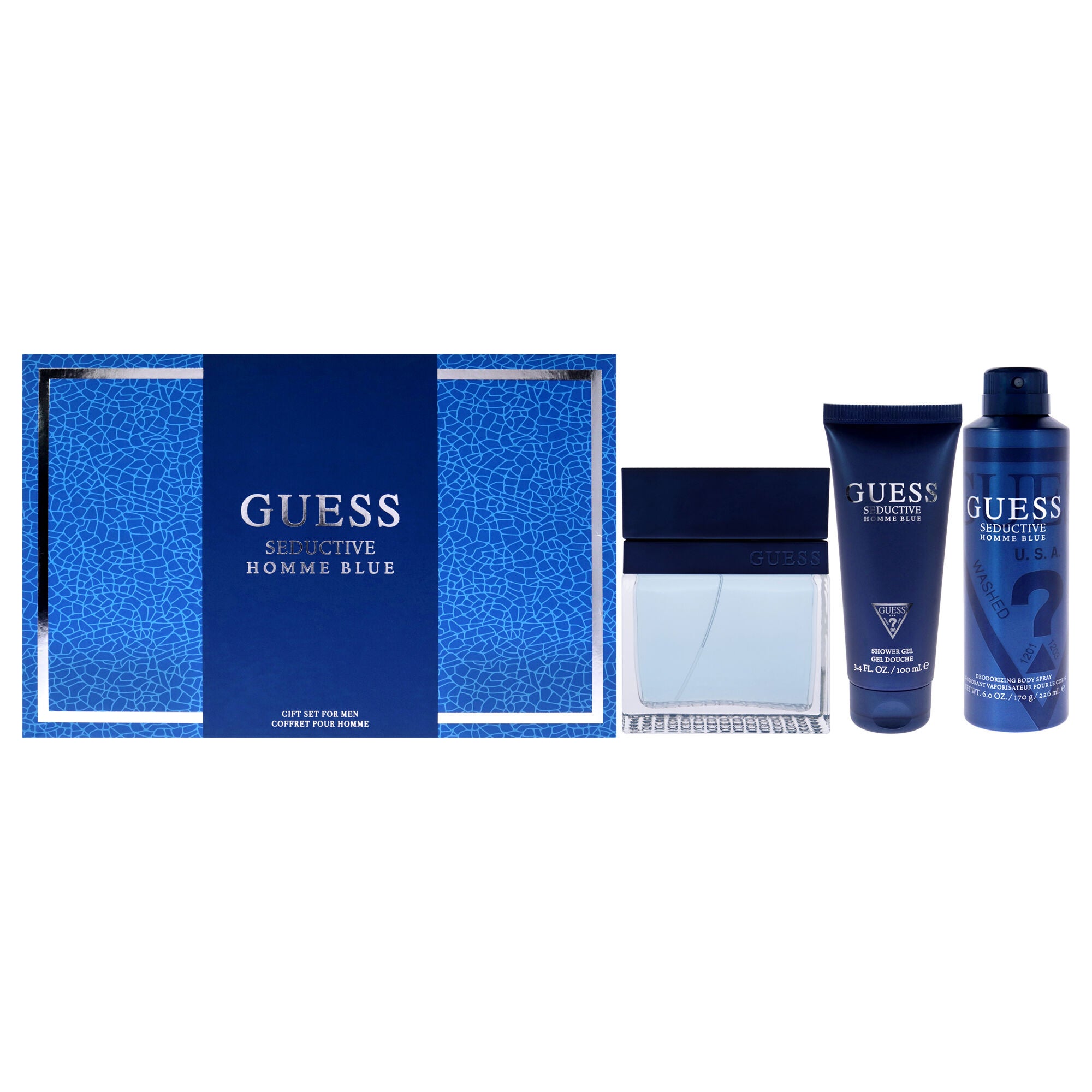 Seductive Homme Blue by Guess for Men - 4 Pc Gift Set 3.4oz EDT Spray, 6oz Deodorant Body Spray, 3.4oz Shower Gel, Pouch, See Description, hi-res image number 0