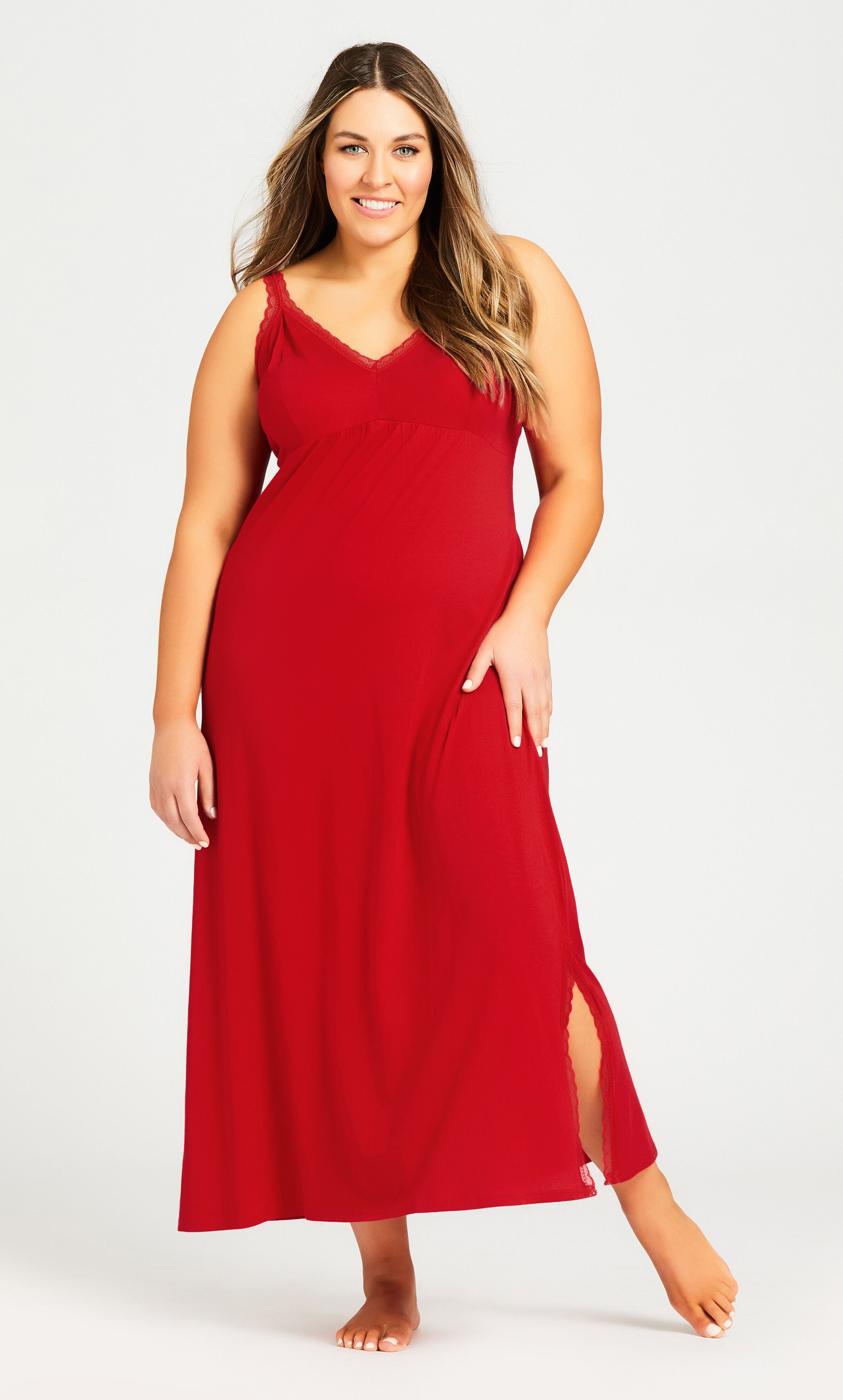 Lace Trim Maxi Sleep Dress - red, , alternate image number 1