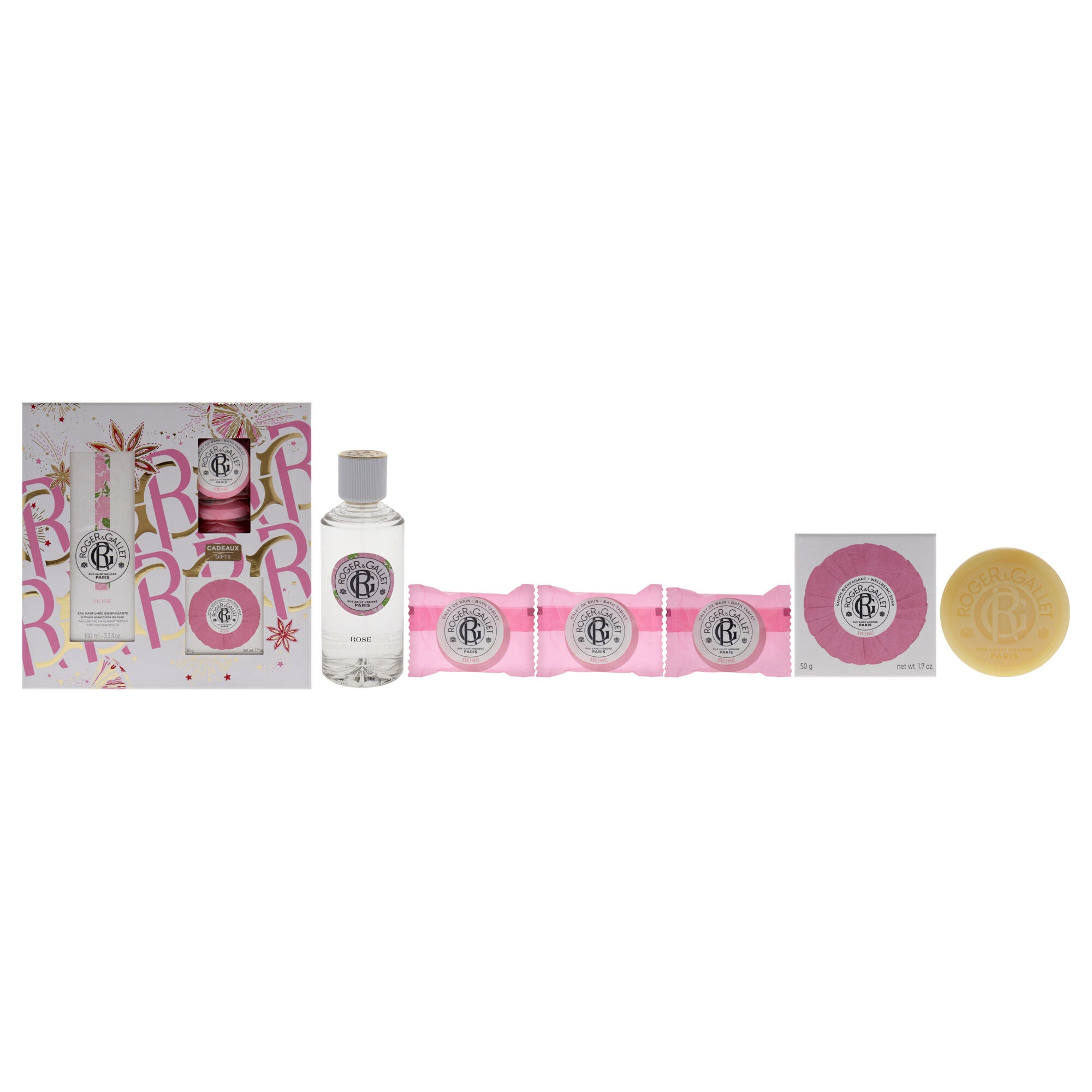 Rose by Roger & Gallet for Women - 5 Pc Gift Set 3.3oz Wellbeing Fragrant Water, 3 x 0.88oz Bath Tablets, 1.7oz Wellbeing Soap, See Description, hi-res image number 0