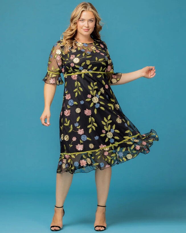 Wildflower Embroidered Dress, Black Blossom Print / Pink, hi-res image number 0