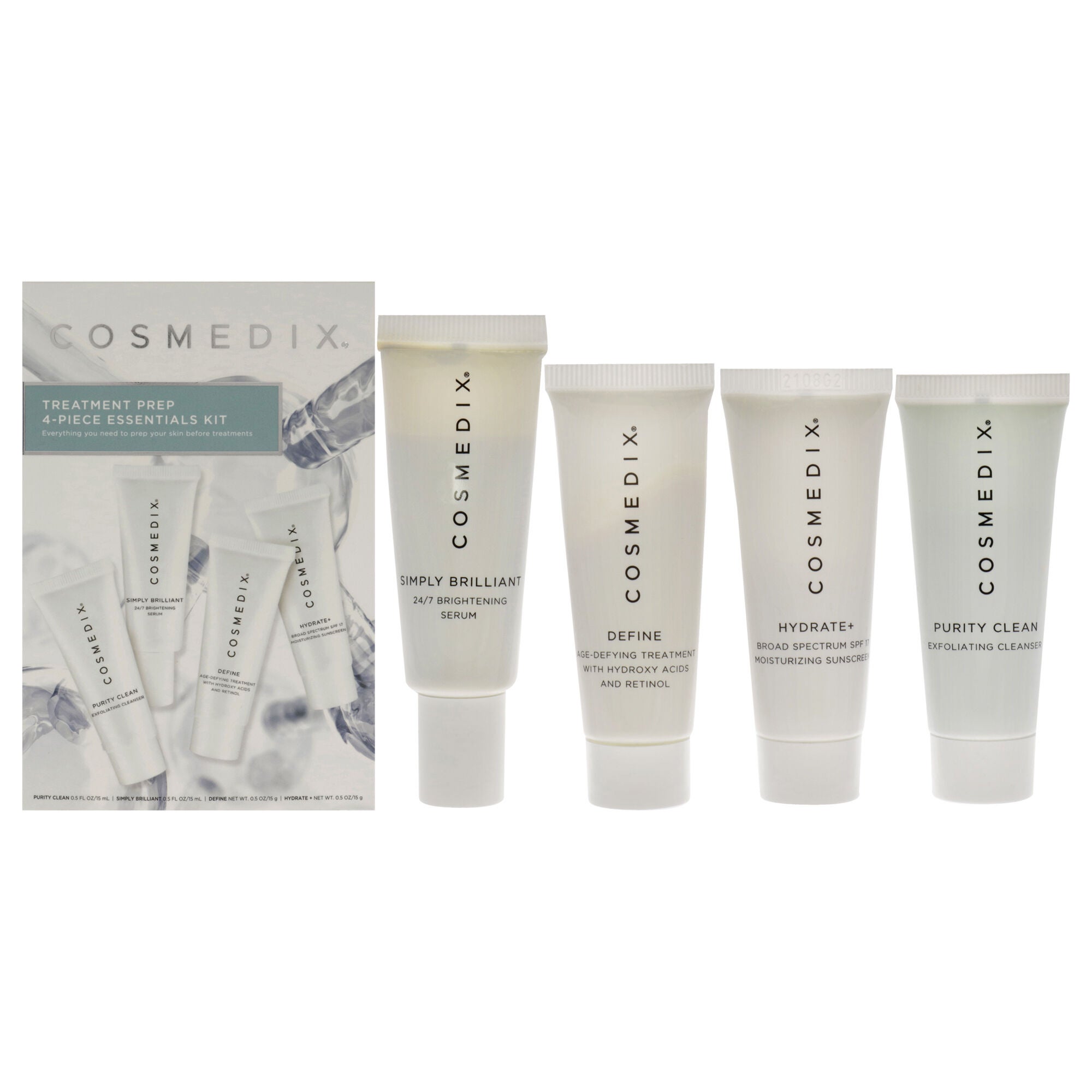 Treatment Prep Essentials Kit by Cosmedix for Unisex - 4 Pc 0.5oz Purity Clean, 0.5oz Simply Brilliant, 0.5oz Define, 0.5oz Hydrate Plus, See Description, hi-res image number 0