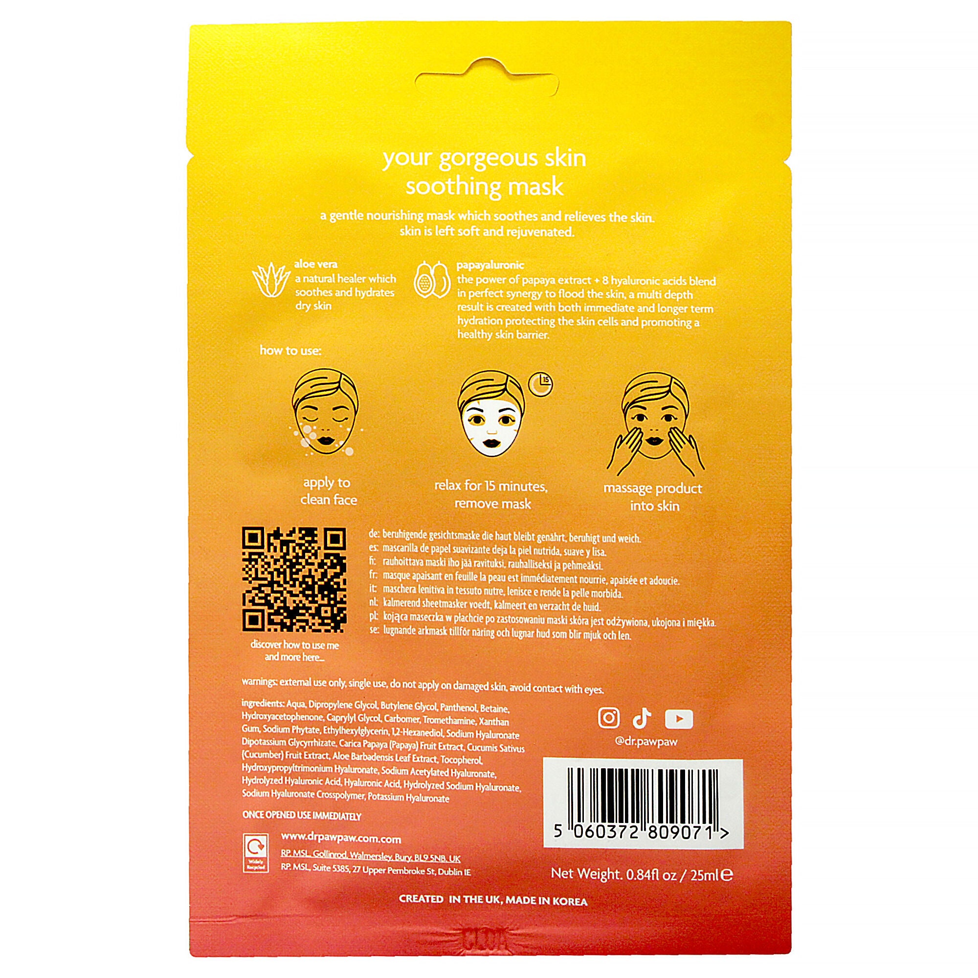 Your Gorgeous Skin Soothing Sheet Mask by Dr. PawPaw for Unisex - 0.84 oz Mask, See Description, alternate image number 2
