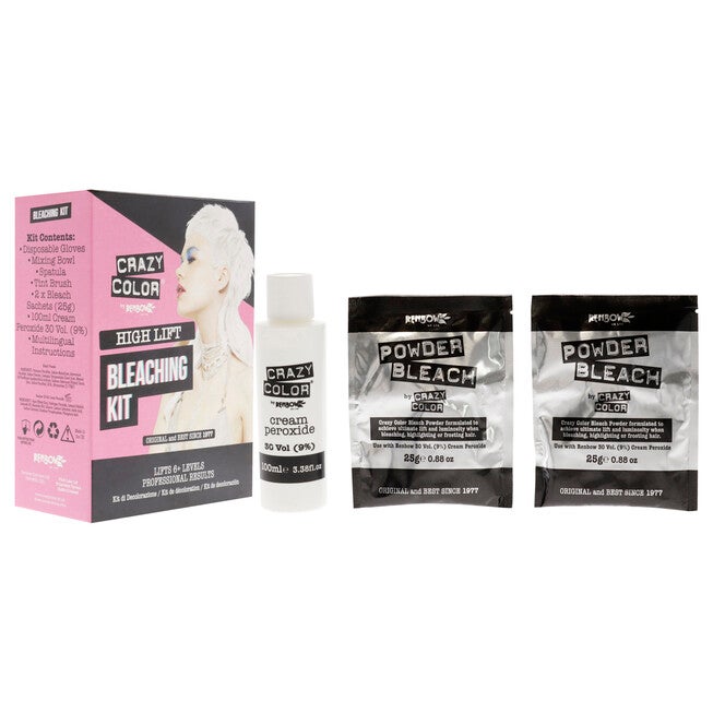 High Lift Bleaching Kit by Crazy Color - 7 Pc 1 Pc Disposable gloves, mixing bowl, spatula, tint brush, 2 x 0.88 Bleach Sachet, 3.38 Cream Peroxide, NA, alternate image number null